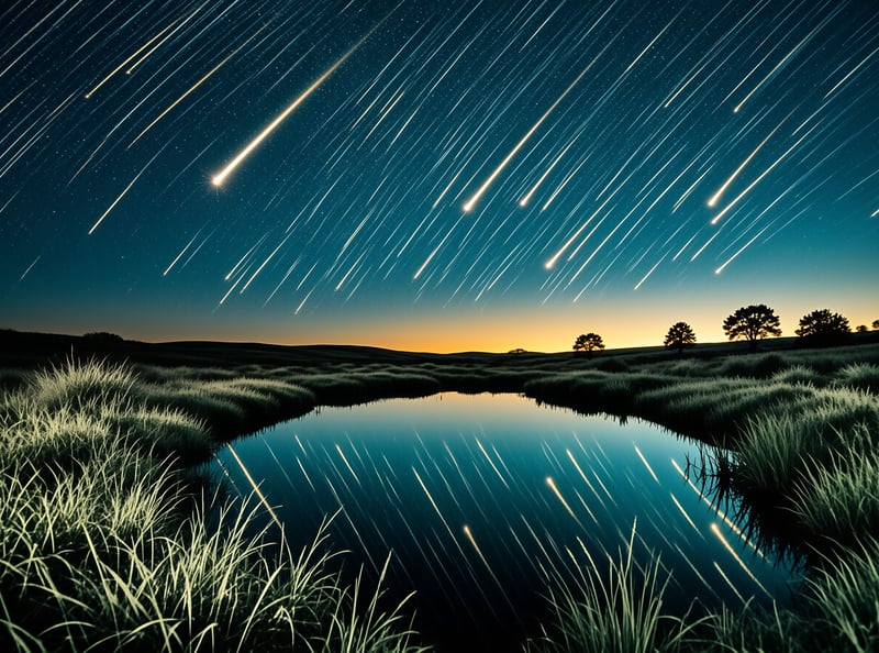 A tranquil night scene features brilliant streaks of light moving diagonally across a deep blue sky that fades into a warm orange glow at the horizon. A calm pool of water in the foreground perfectly mirrors these luminous trails and the starry expanse above. Tall wild grasses line the banks on either side, framing the