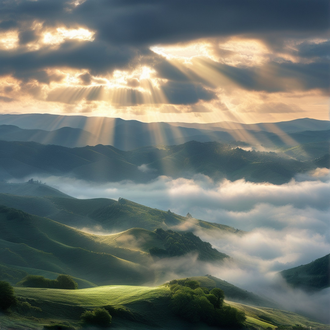 Sunbeams Over Misty Green Hills