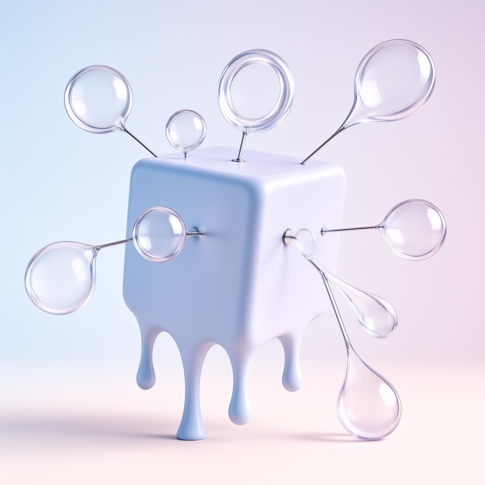 A light blue melting cube features clear glass spheres attached to thin stems against a soft pastel gradient background.