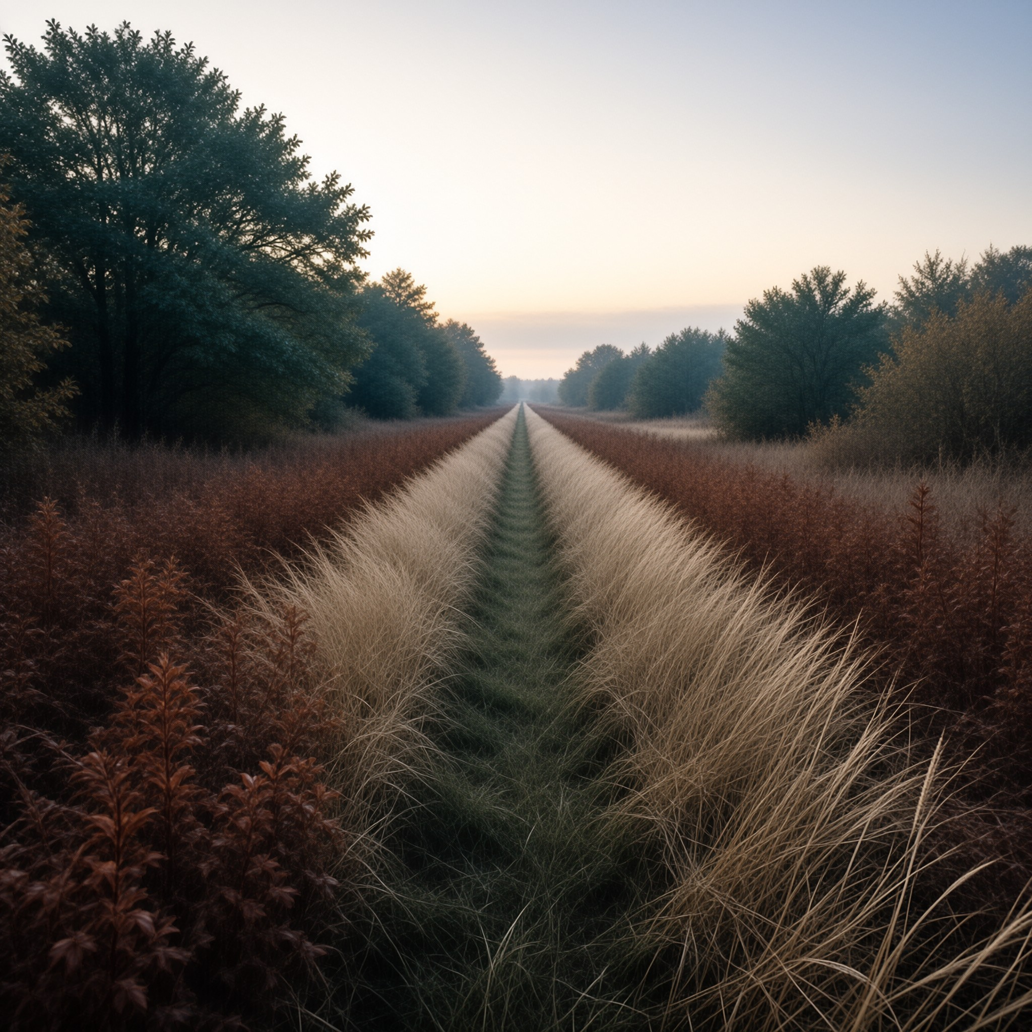 A straight dirt path winds through tall golden grasses and red shrubs, framed by tree lines under a soft, hazy dawn sky.