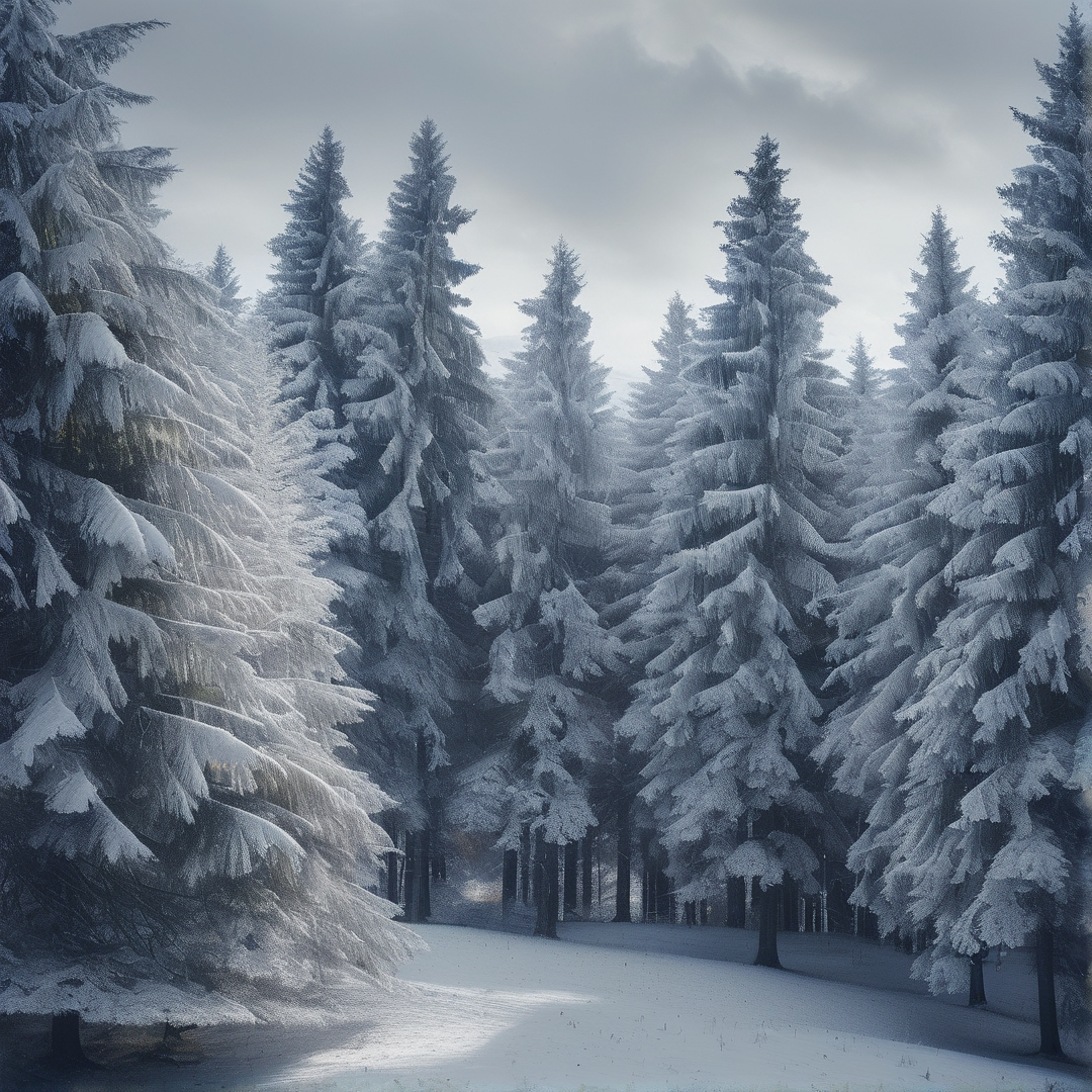 Tall evergreen trees heavy with white snow stand along a winding path under a cloudy sky