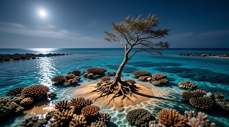 A lone tree with exposed roots grows in shallow turquoise water surrounded by coral reefs under a bright sun.
