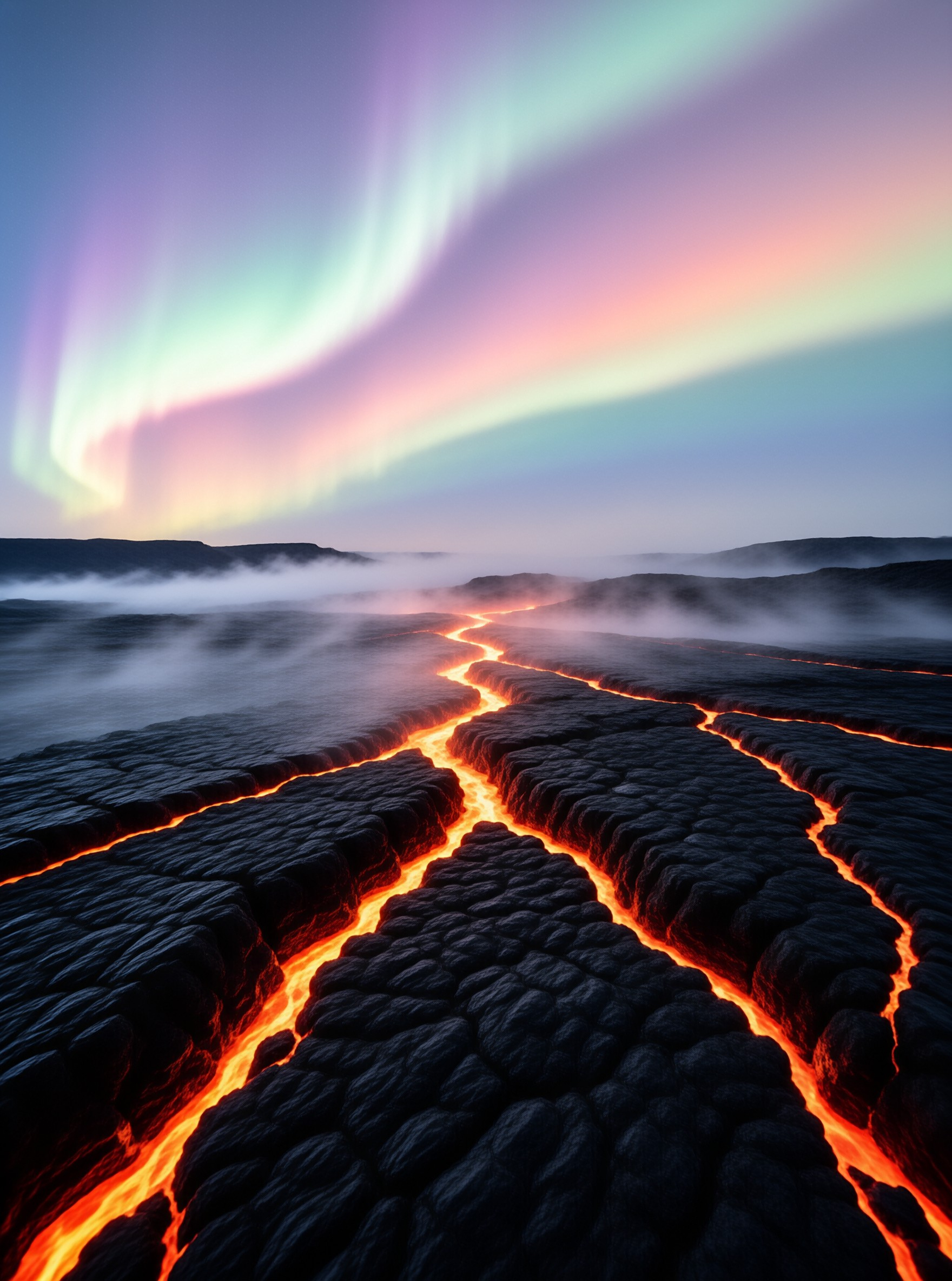 Lava Rivers Under Aurora