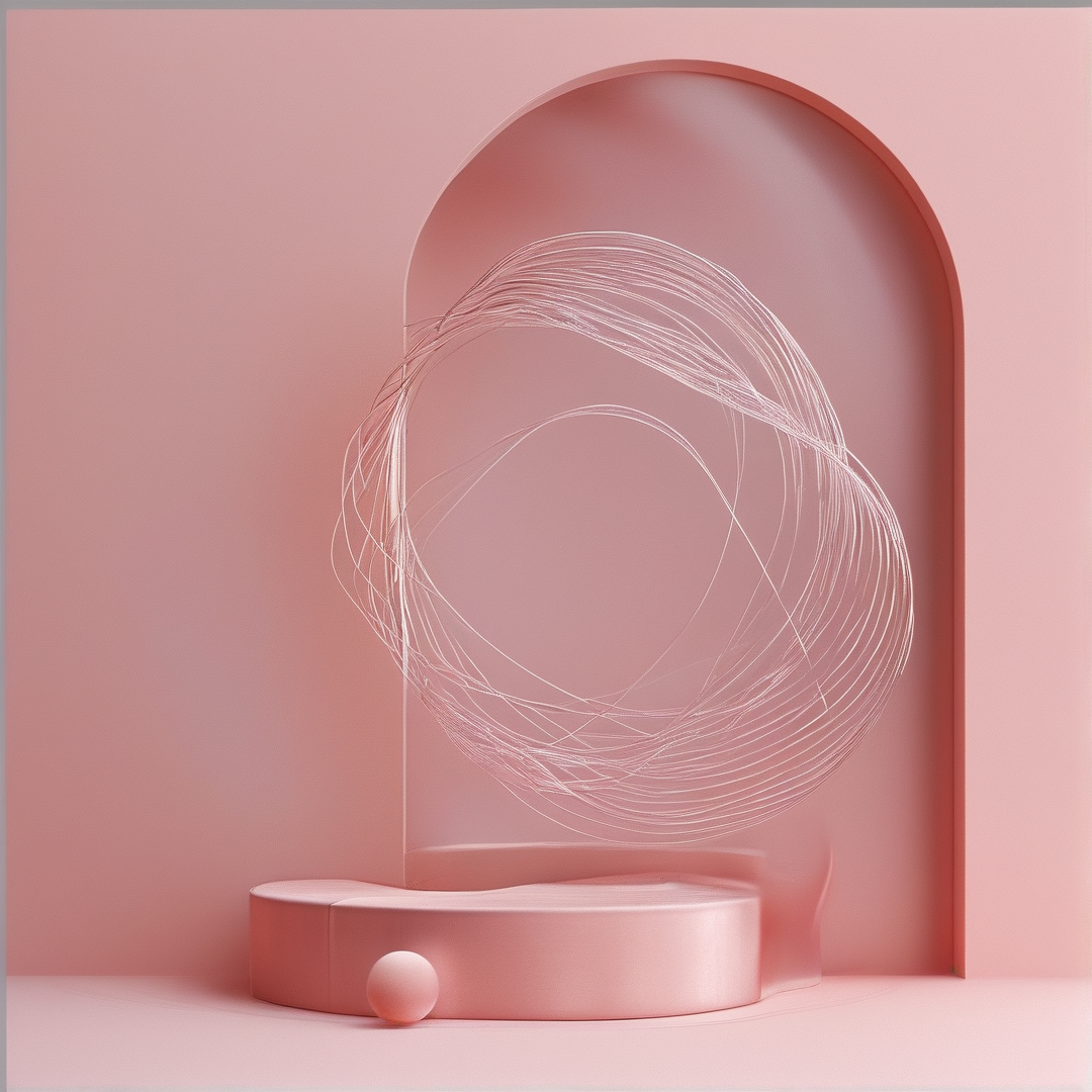 Minimalist pink room with wireframe circular sculpture, curved platform, and small sphere near an arched wall.