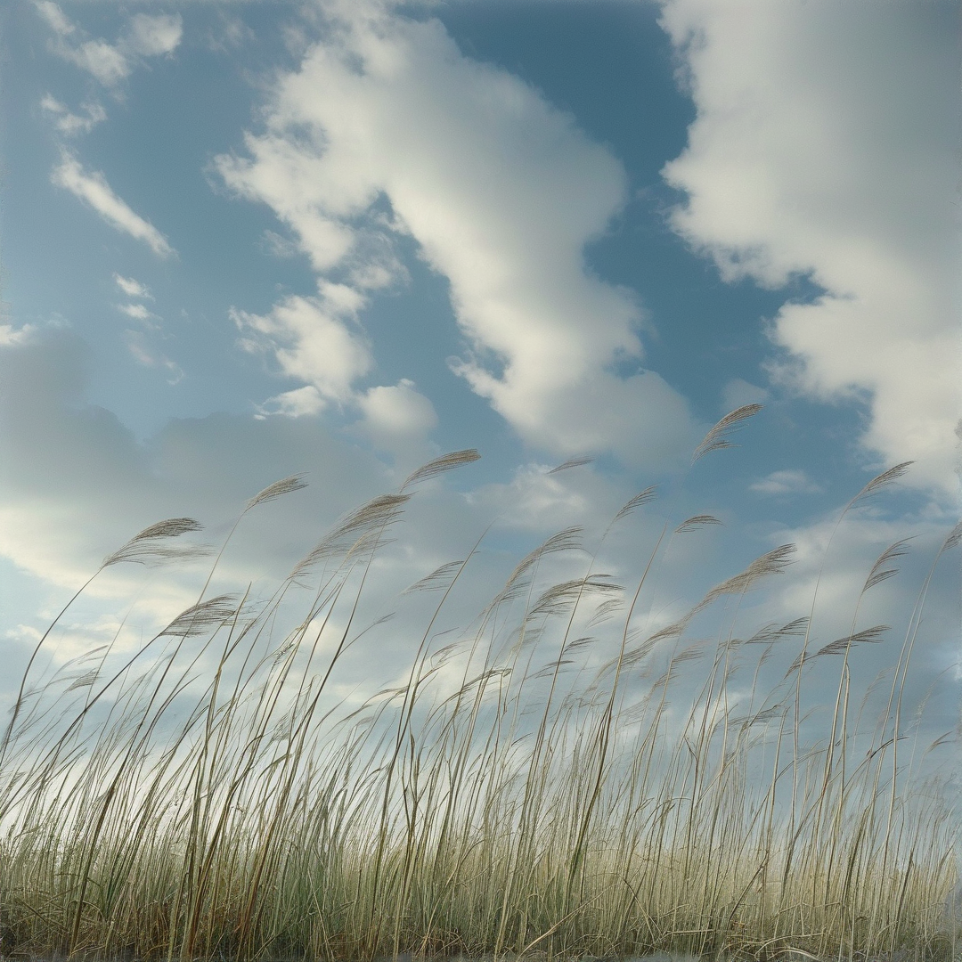 Wind Bending Tall Grass Under a Blue Sky
