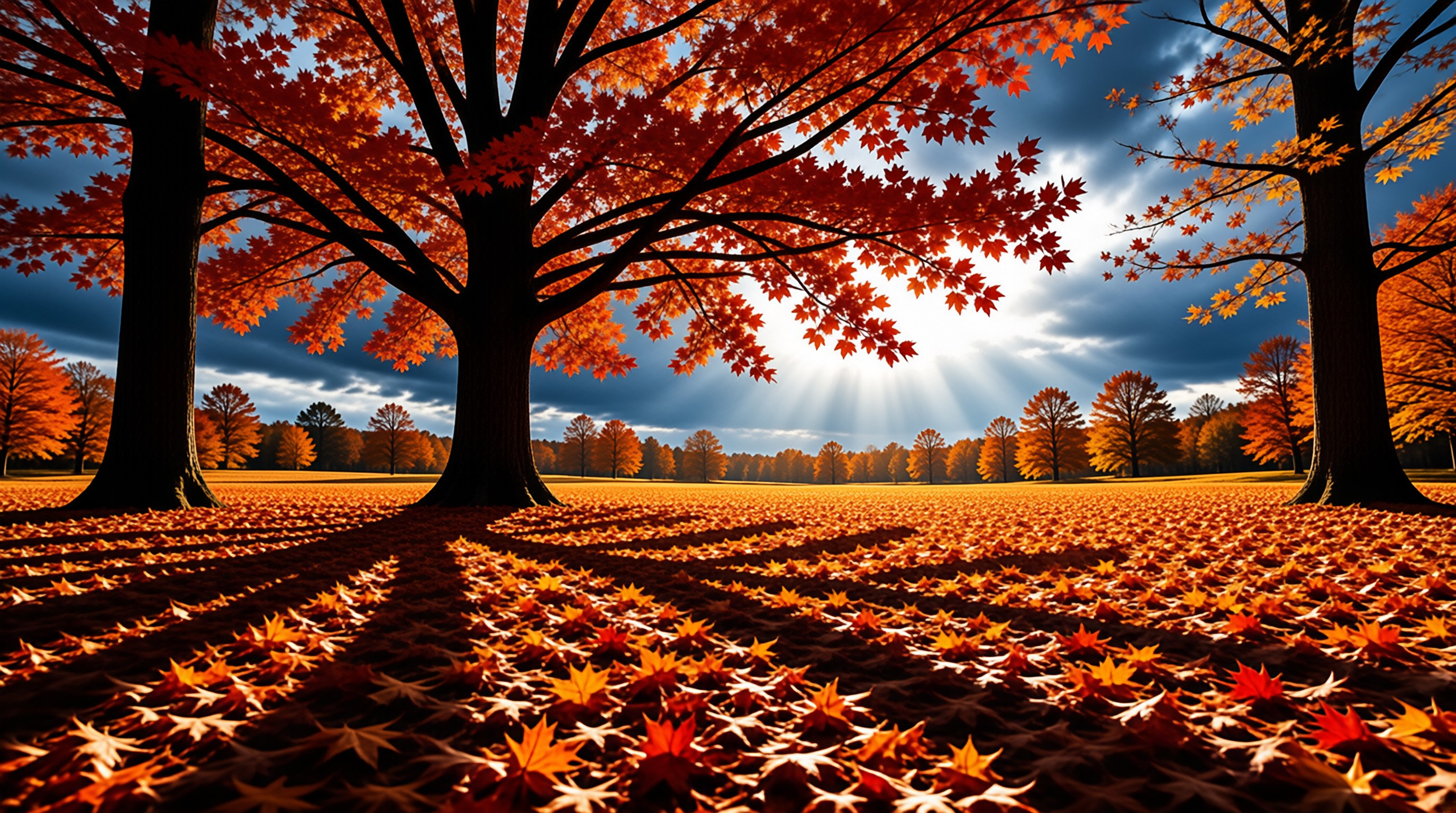Sunlit Autumn Maple Forest