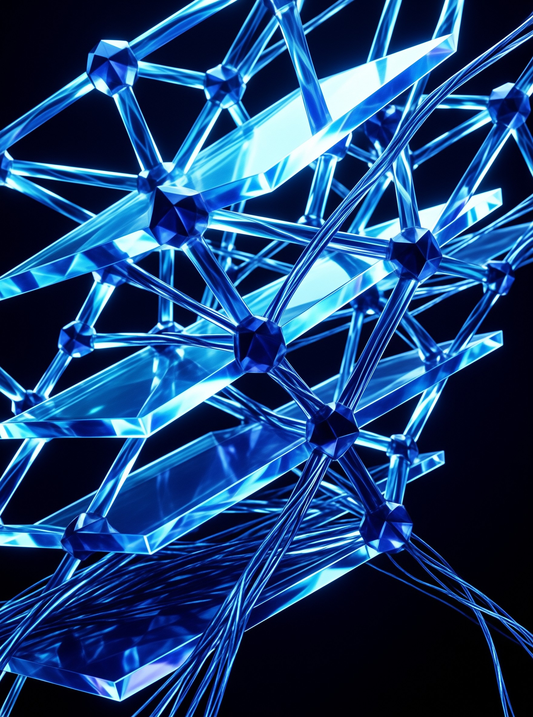 Intricate blue crystalline framework with faceted nodes and sharp edges floating in darkness.