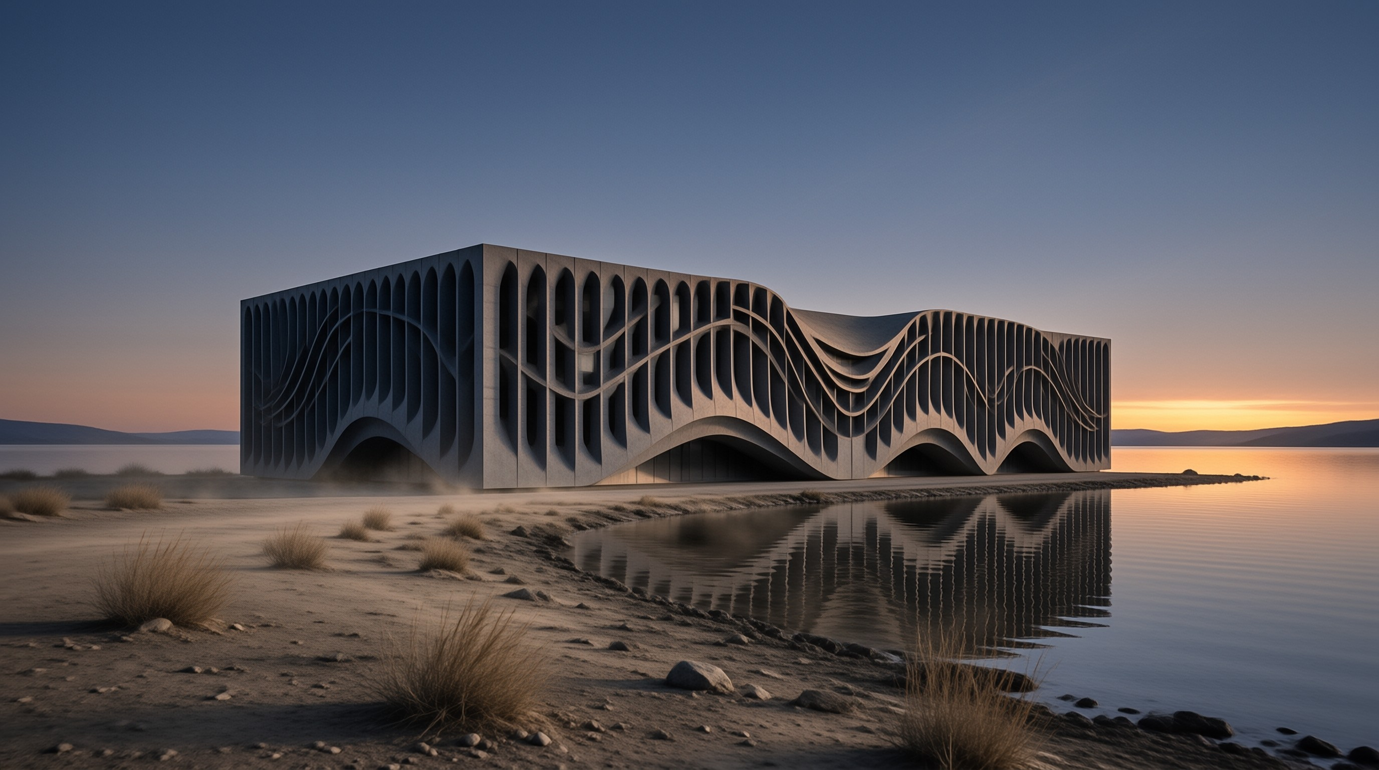A parametric concrete structure with undulating arched openings reflects in a still salt lake at sunset