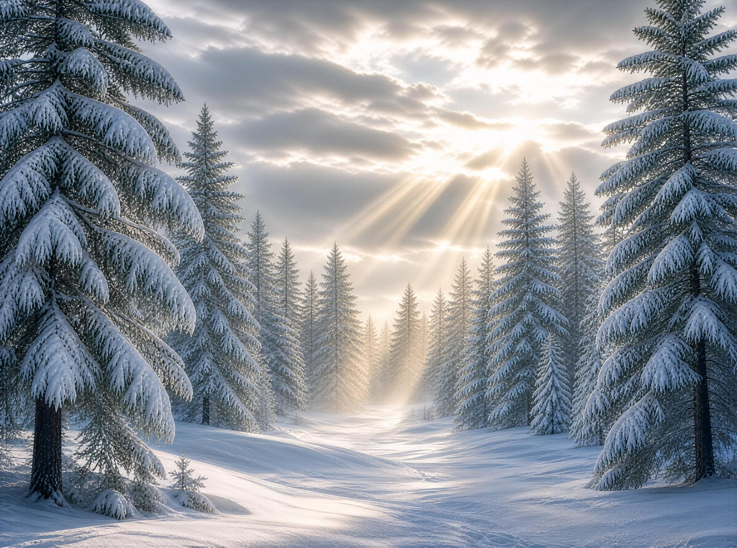 Snowy Forest with Sun Rays
