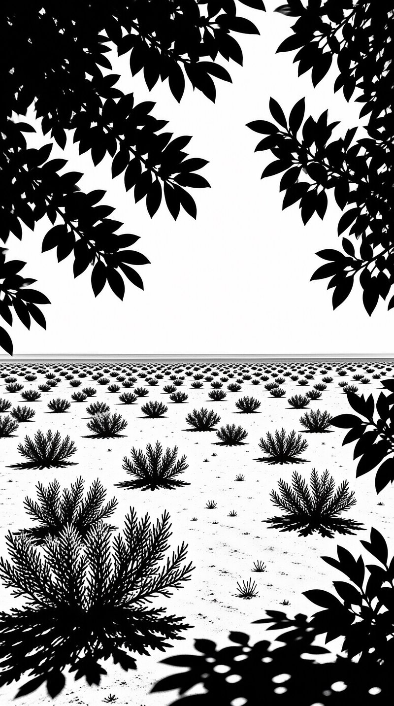 A high contrast black and white view of a flat salt plain dotted with bushes and bordered by dark leaf silhouettes.