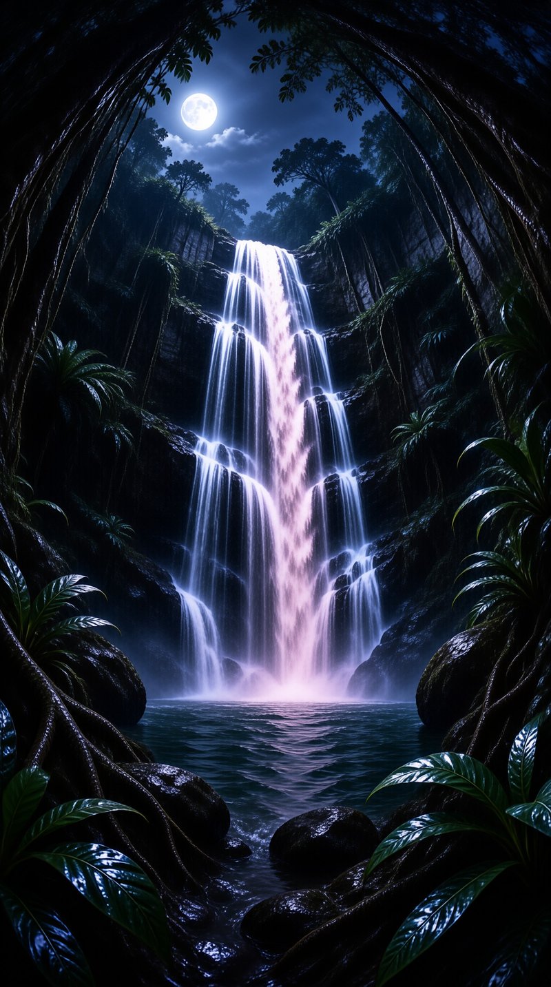 A tall cascade spills into a still pool framed by hanging roots and broad leaves under a full moon.
