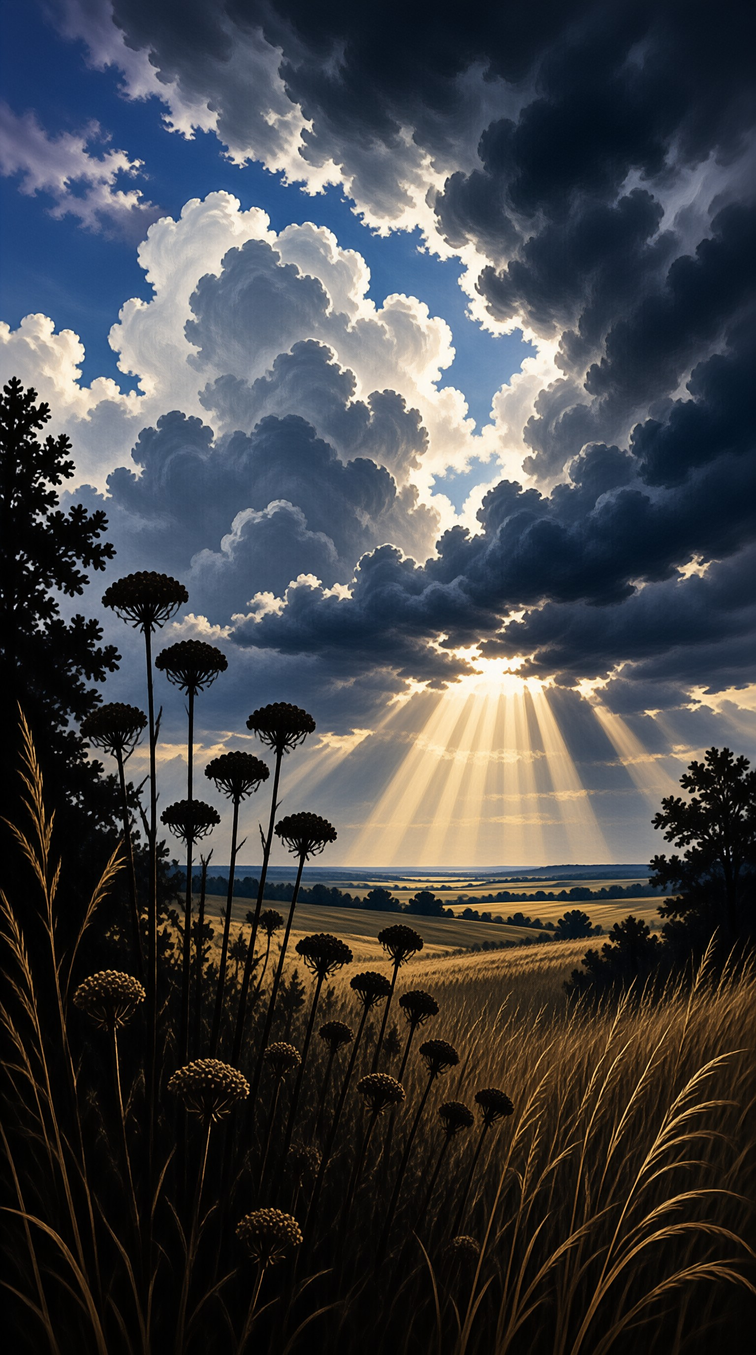 Tall umbel weeds stand dark in the foreground as golden rays spill from a break in heavy clouds over rolling farmland.