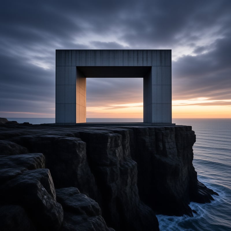 Hollow concrete frame perched on a dark cliff capturing sunset light through its center against a cloudy sky.