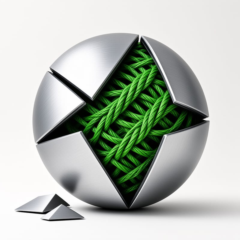 A shattered metallic sphere sits on a white surface revealing a tangled mass of green ropes within its broken segments.