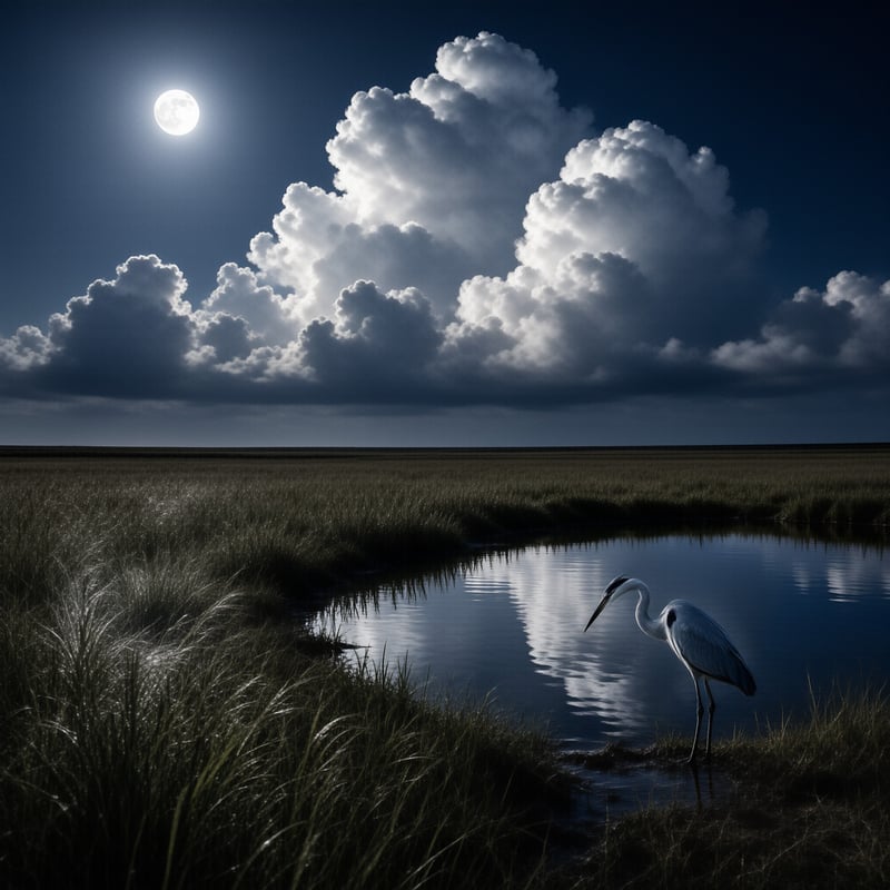 A white heron stands in shallow water within a grassy wetland beneath a large full moon and dramatic clouds