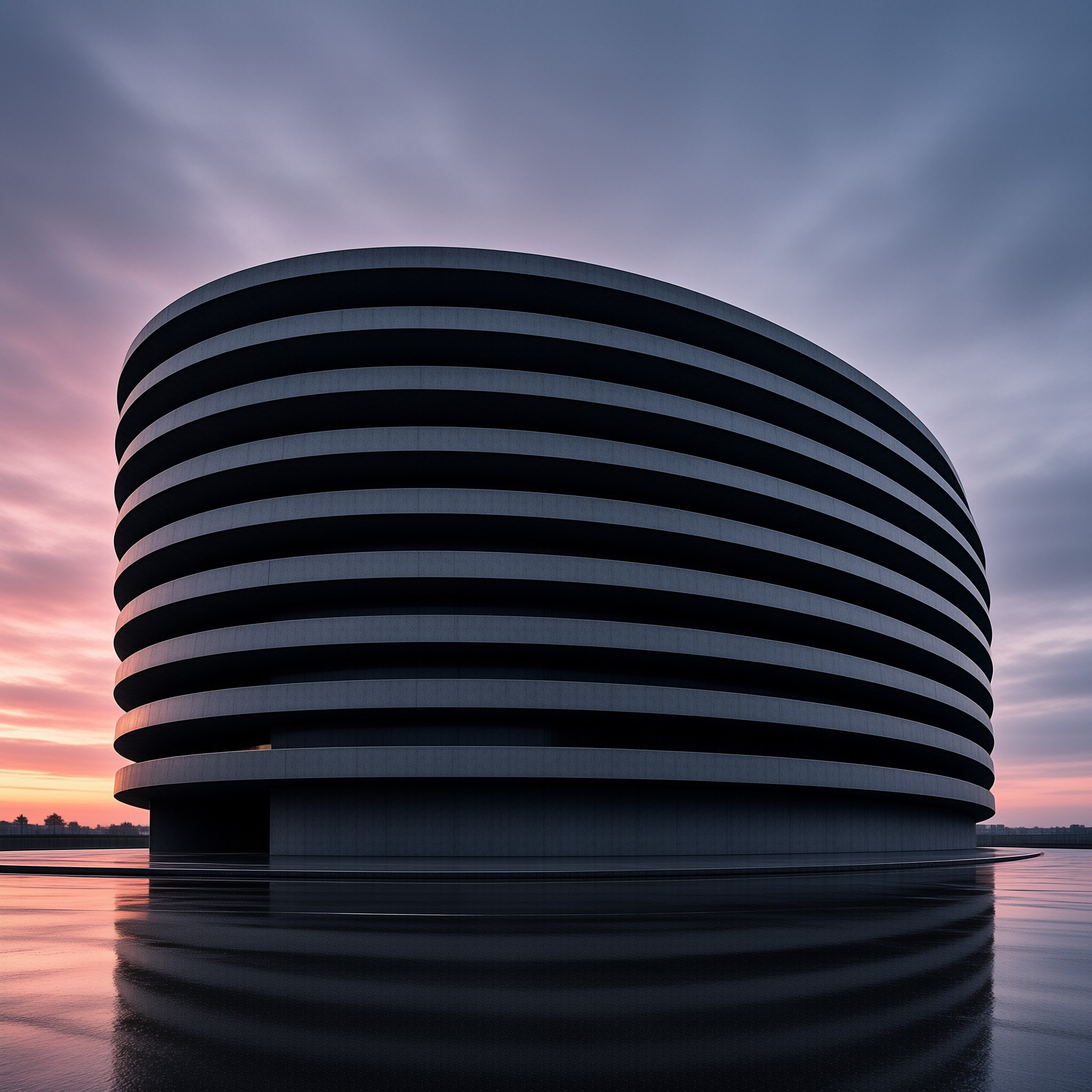A massive cylindrical building sits surrounded by calm water while purple and orange hues fill the evening sky.