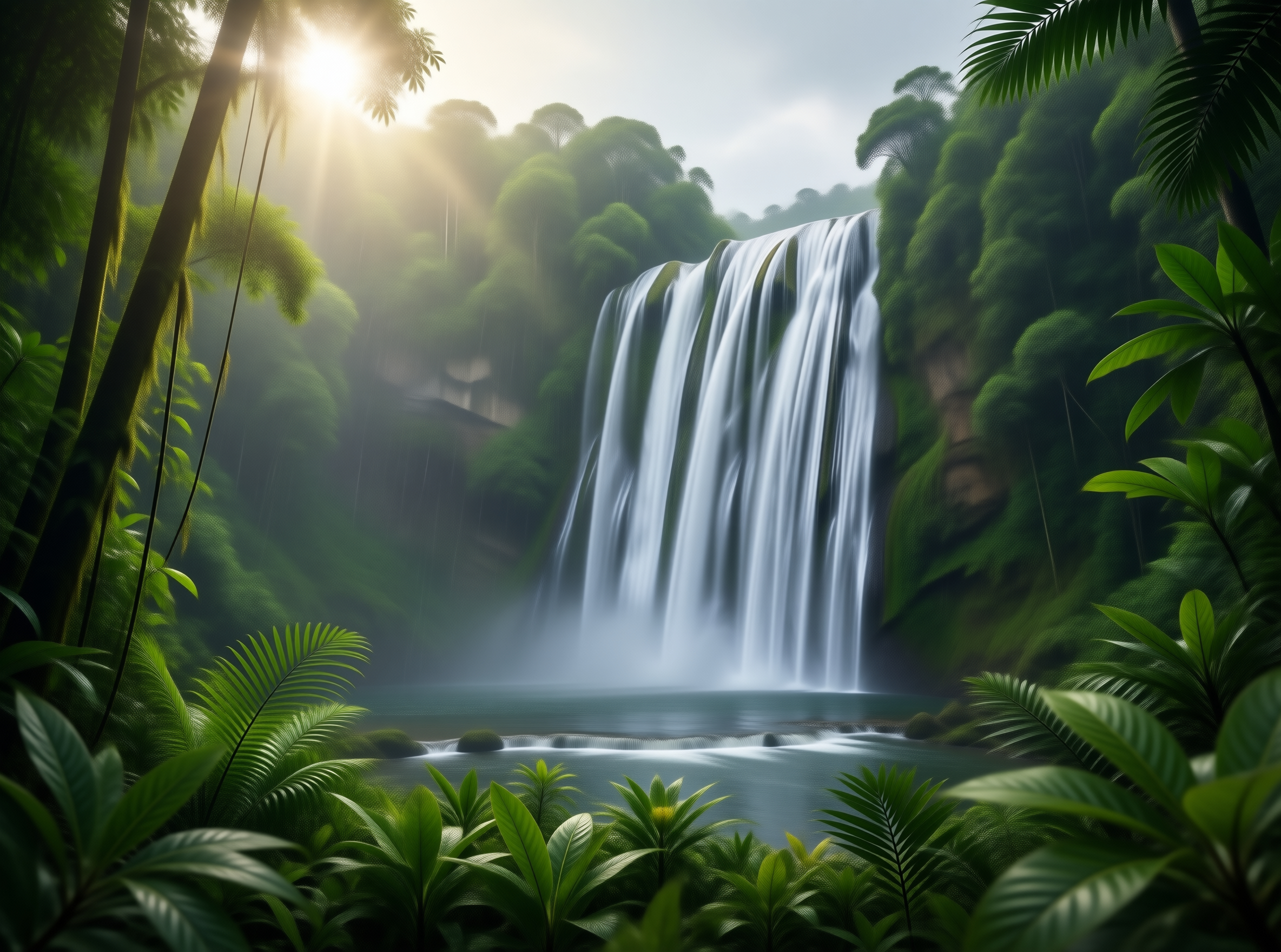 Sunlit Jungle Waterfall