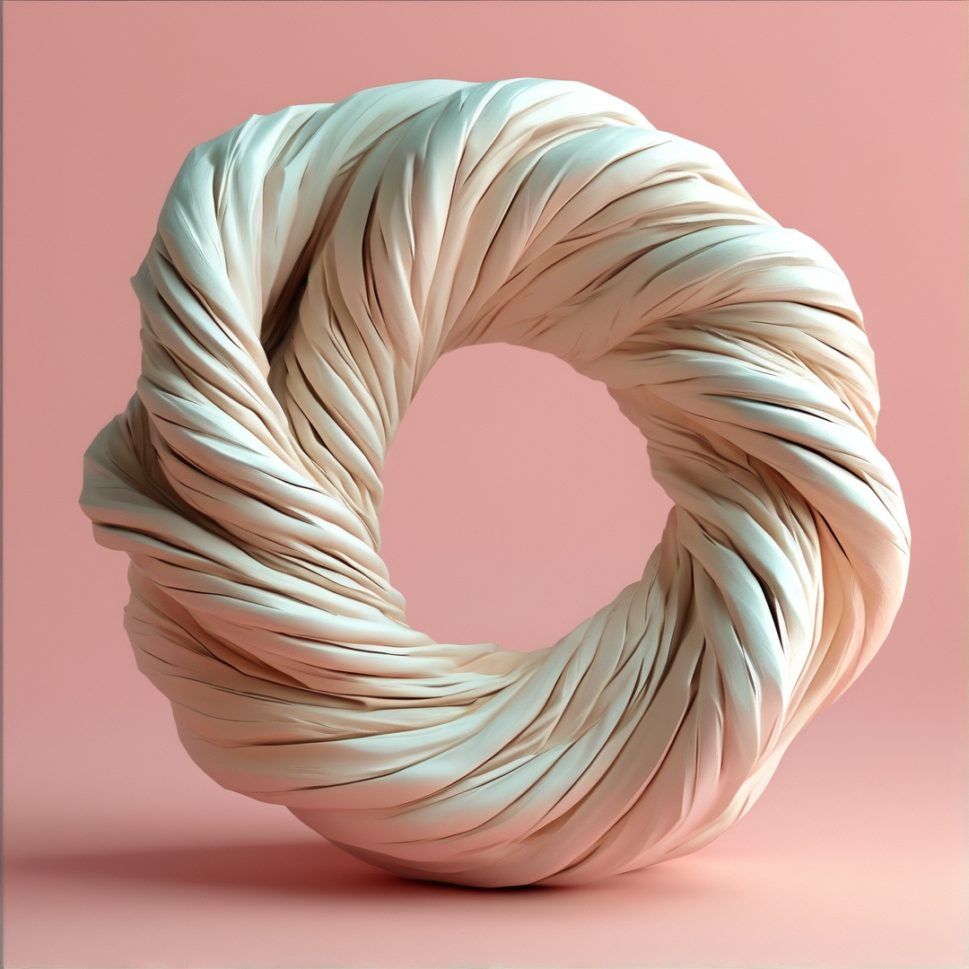A soft twisted ring of cream fabric rests against a solid pastel pink backdrop.