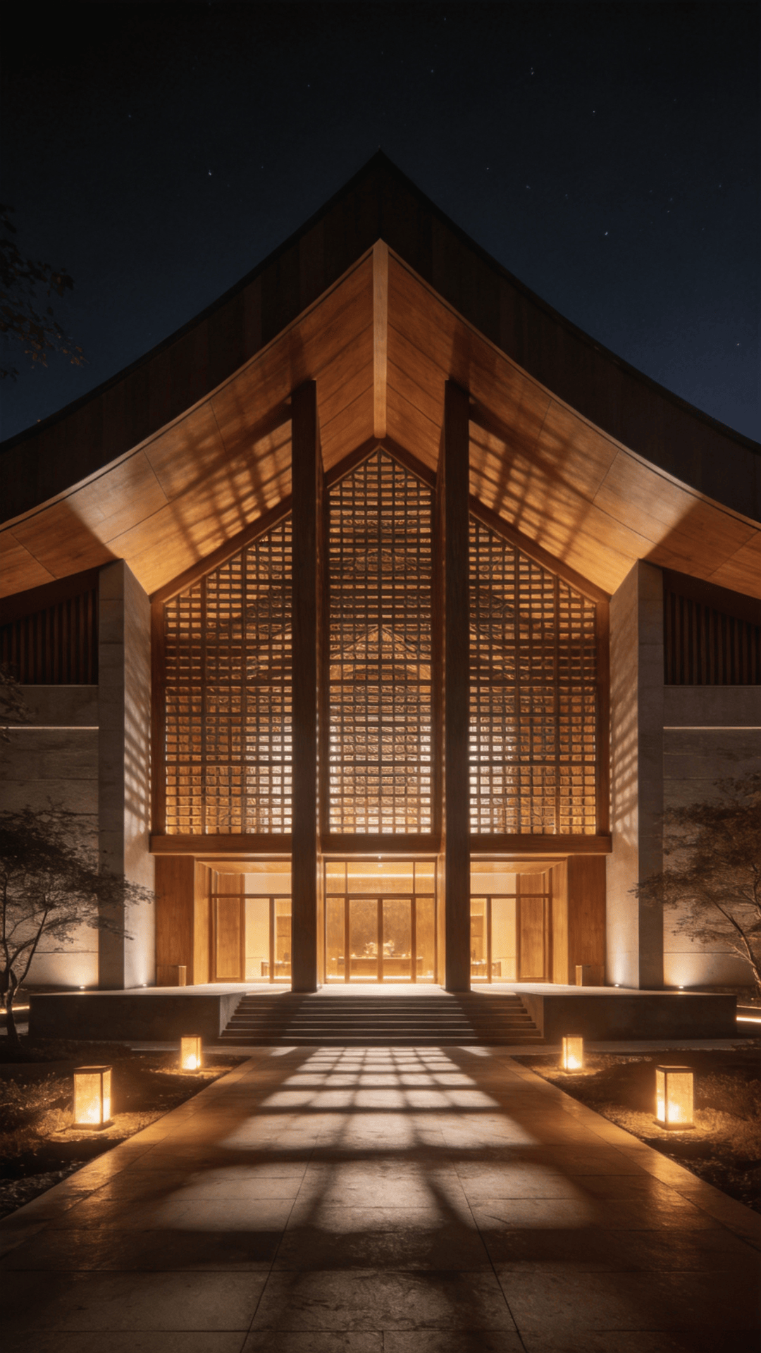 Cultural Center with Wooden Lattice — Night With Warm Lights