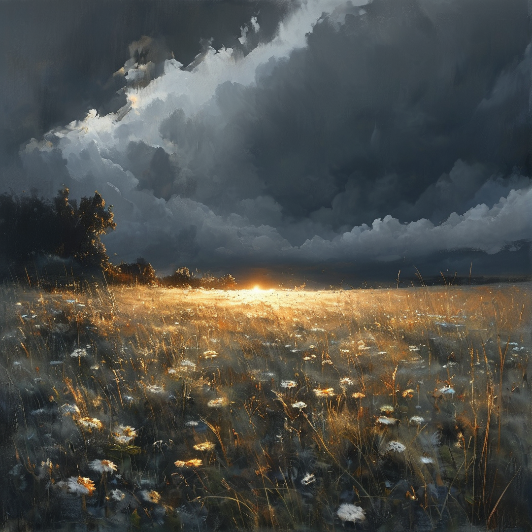 Sunlit Field Under Stormy Sky