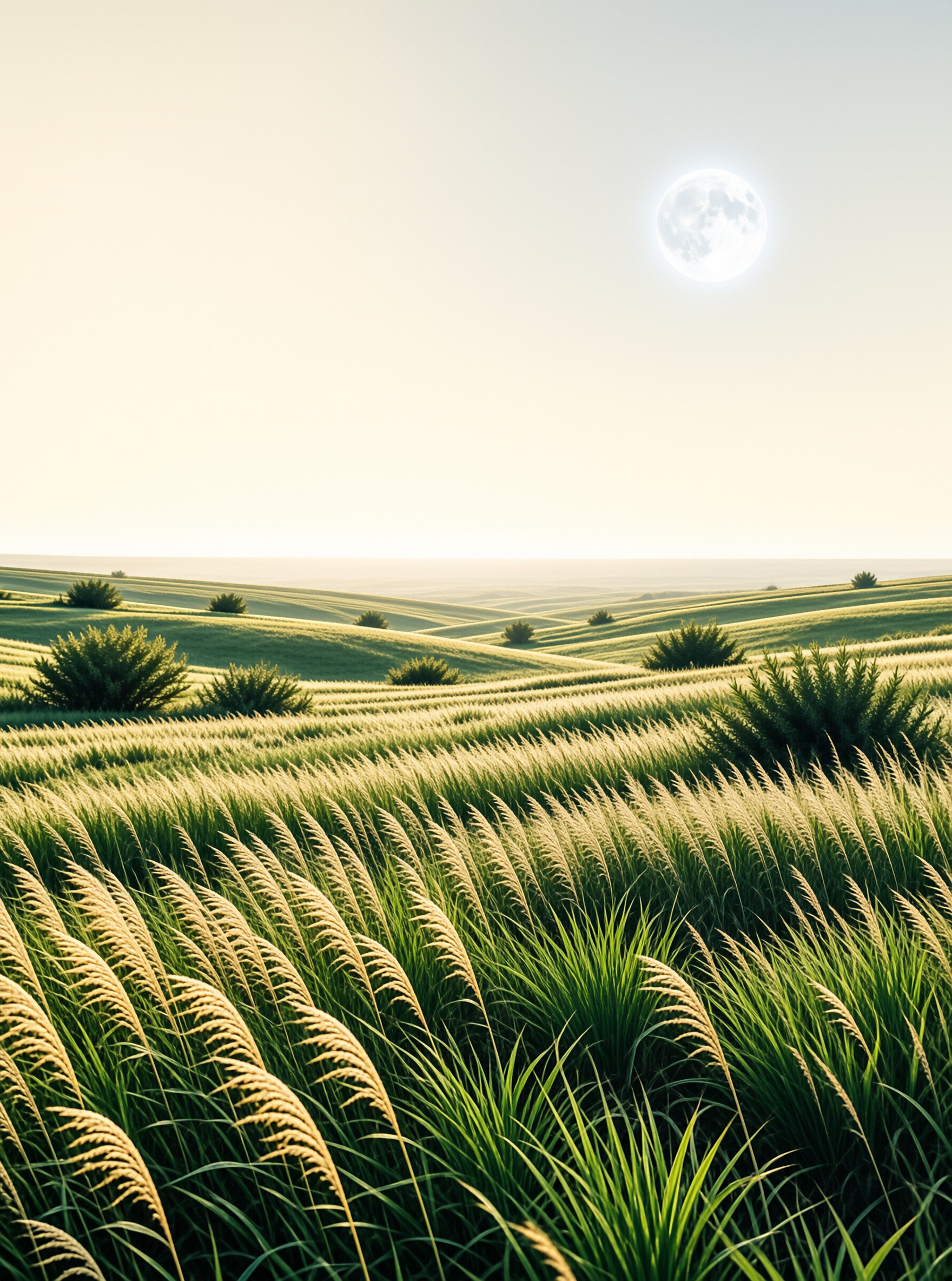 Wide view of rolling green hills covered in tall grass with scattered bushes and a large full moon in the pale sky.