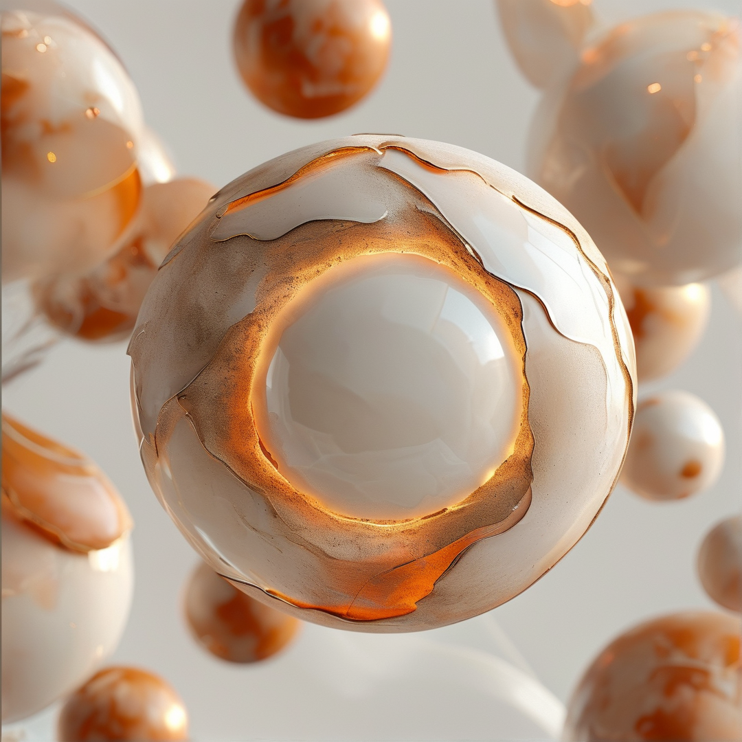 A luminous ring sphere floats amidst scattered peach orbs within a soft ethereal light.