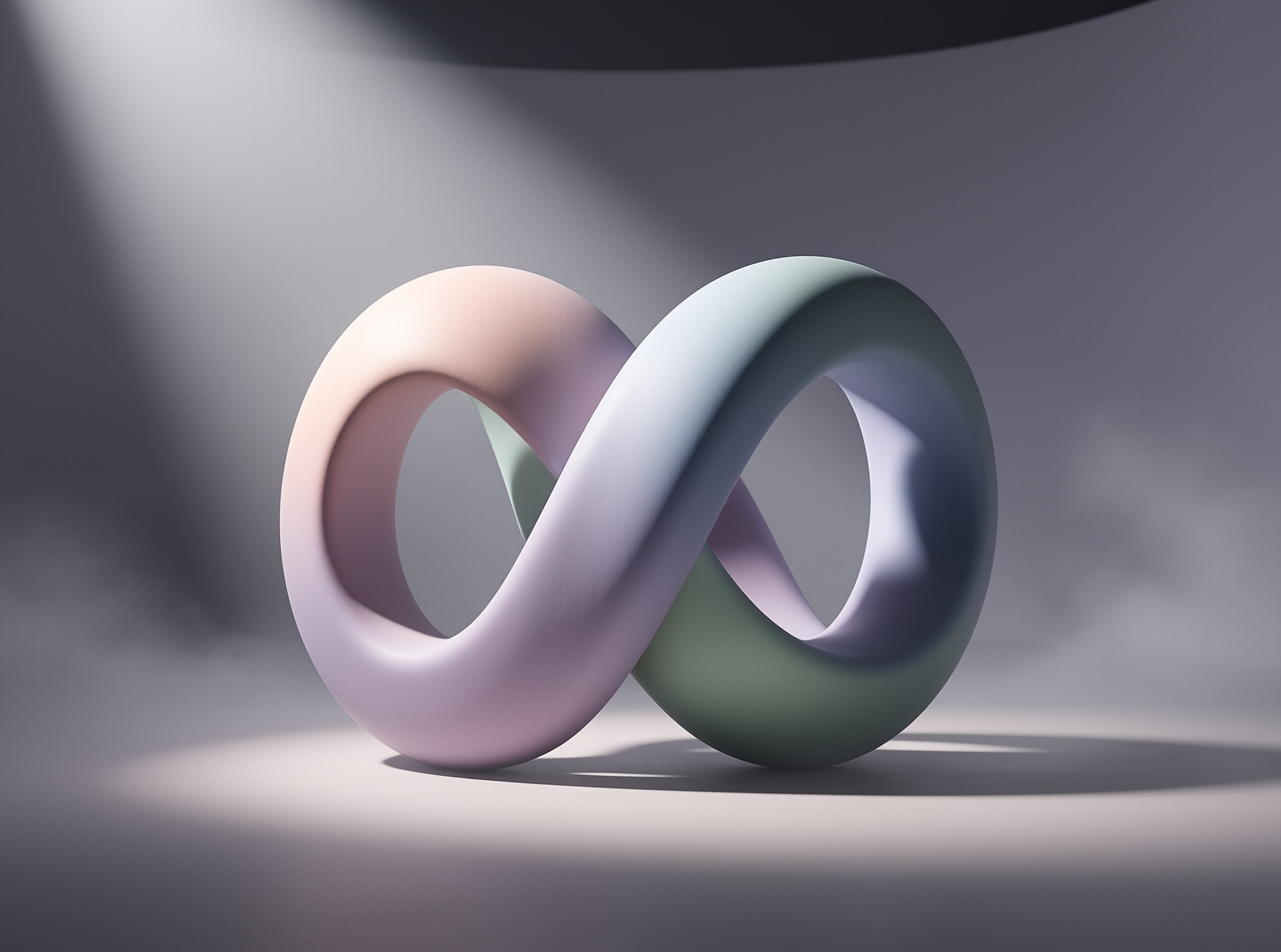 A smooth pastel infinity loop sculpture rests on a neutral grey surface with soft gradient lighting and a matte finish.