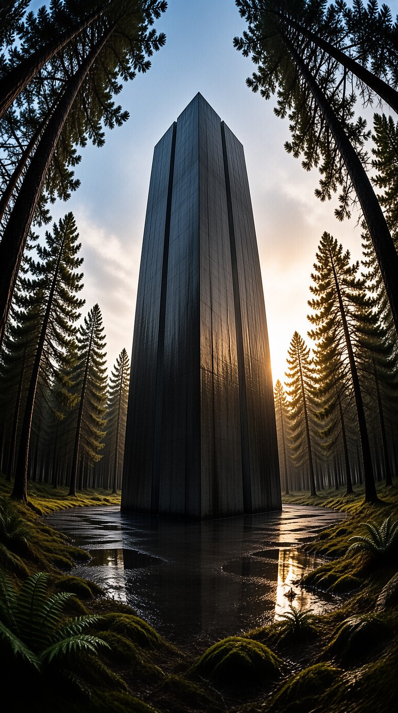 A massive grey concrete structure dominates a misty forest landscape with calm water reflecting the fading sunlight.