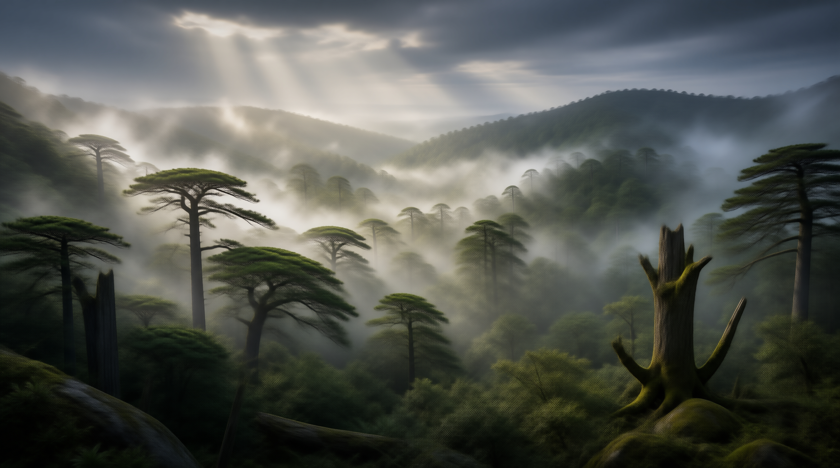 Sunbeams in Foggy Forest