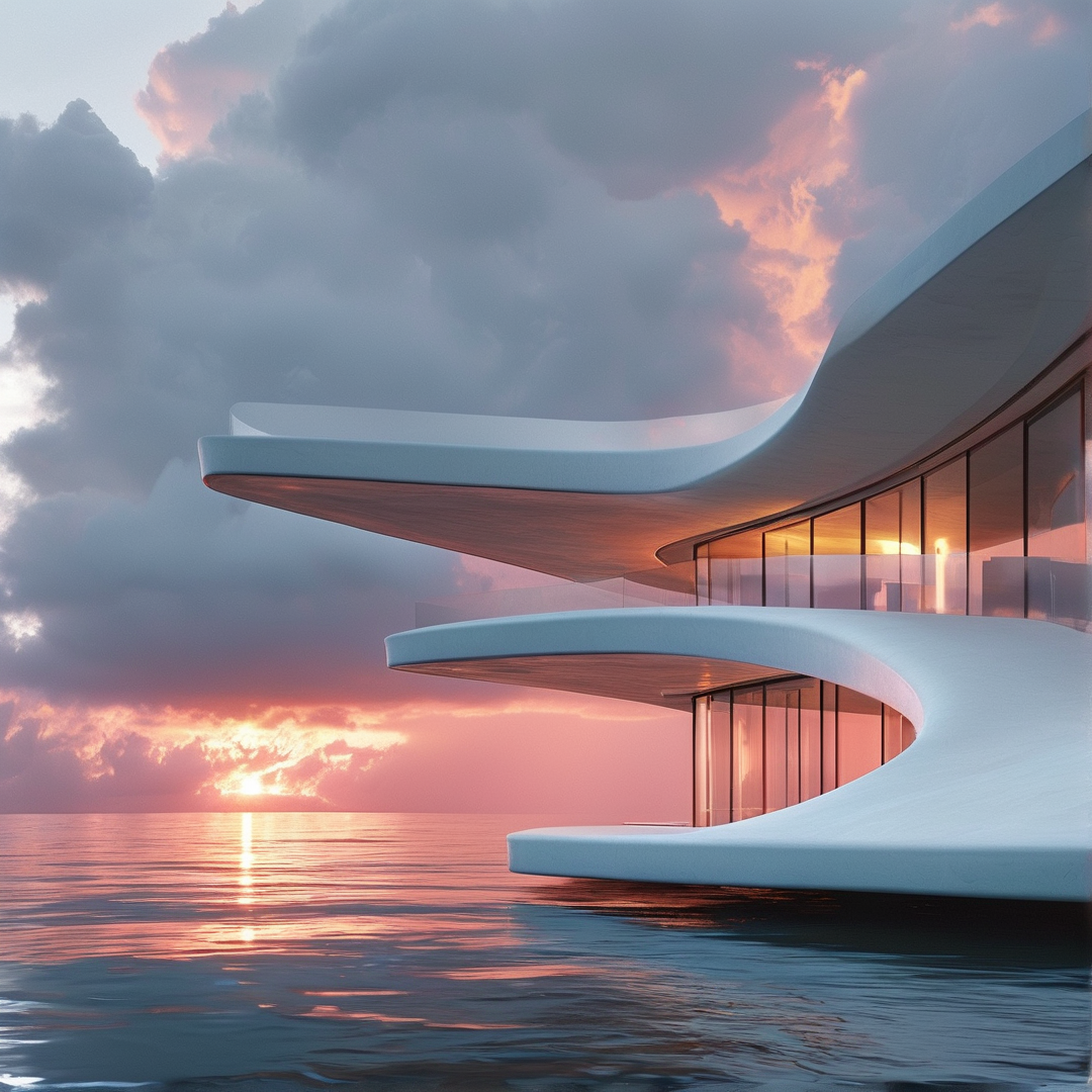 A sleek white form curves over the sea as the sun sets behind clouds casting warm reflections on the water.