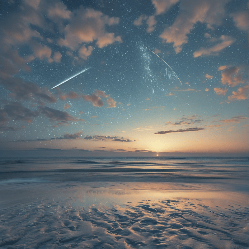 A bright meteor trails across a twilight sky filled with stars above calm ocean waves and wet sand reflecting light.