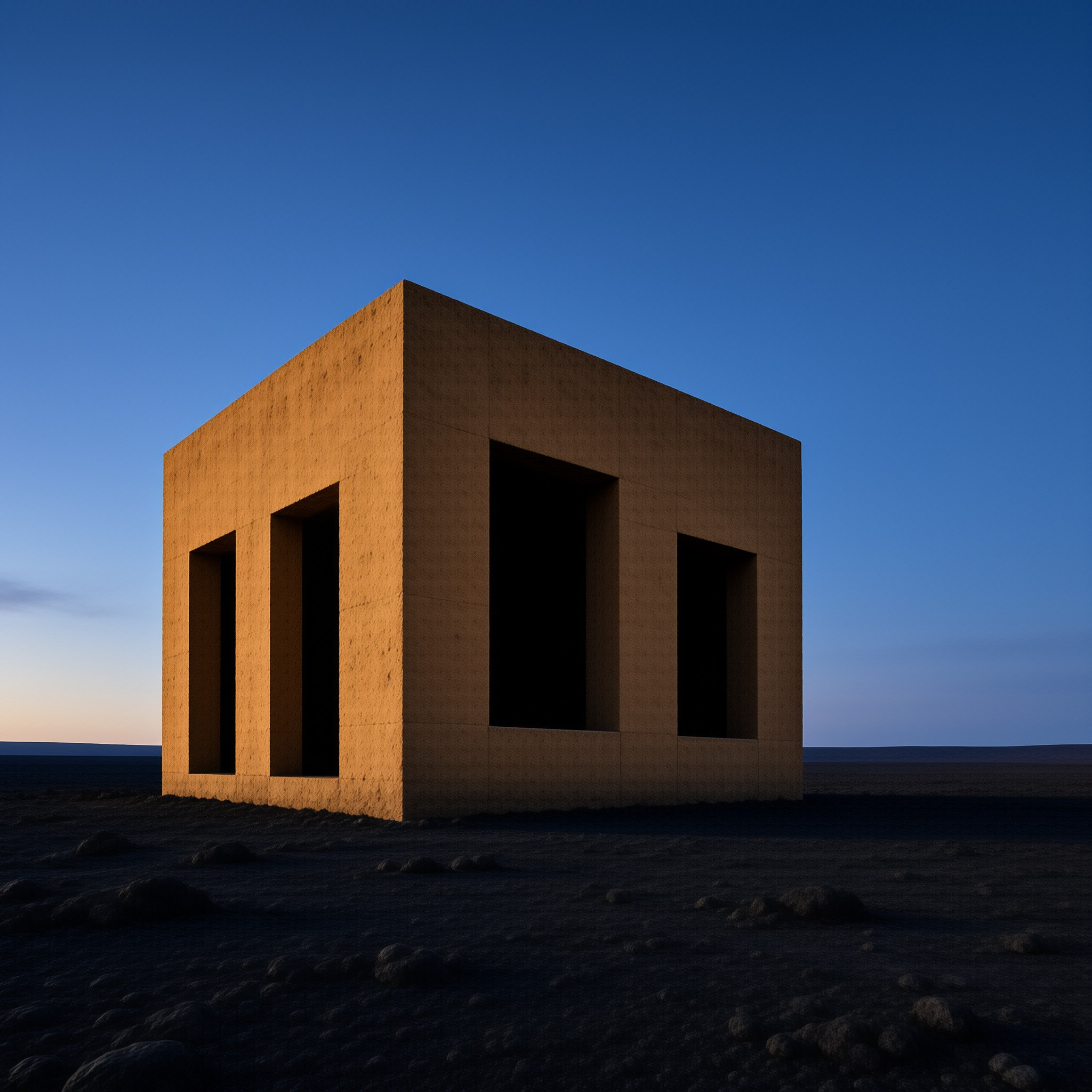 A solitary concrete building stands in a dark landscape while warm light illuminates its rugged exterior against a blue sky