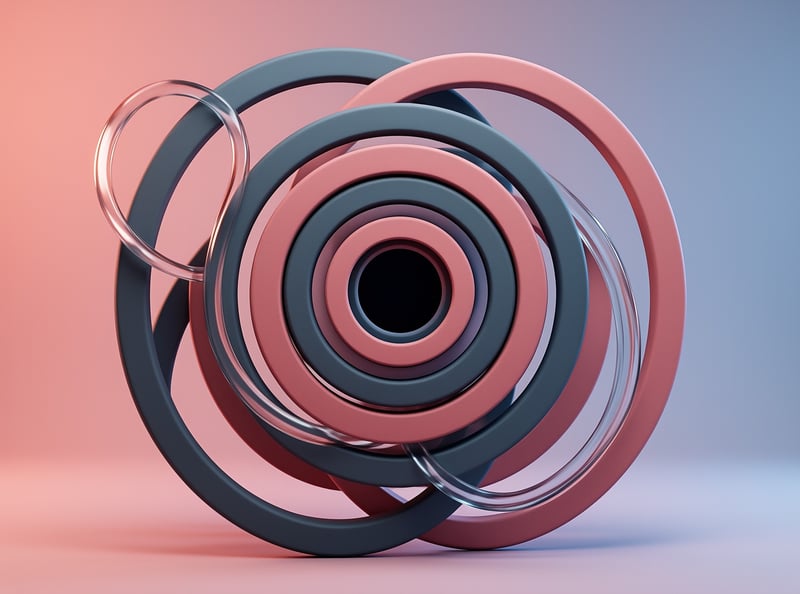 A cluster of matte and glass rings creates a spiral pattern surrounded by soft pink and blue gradient light.