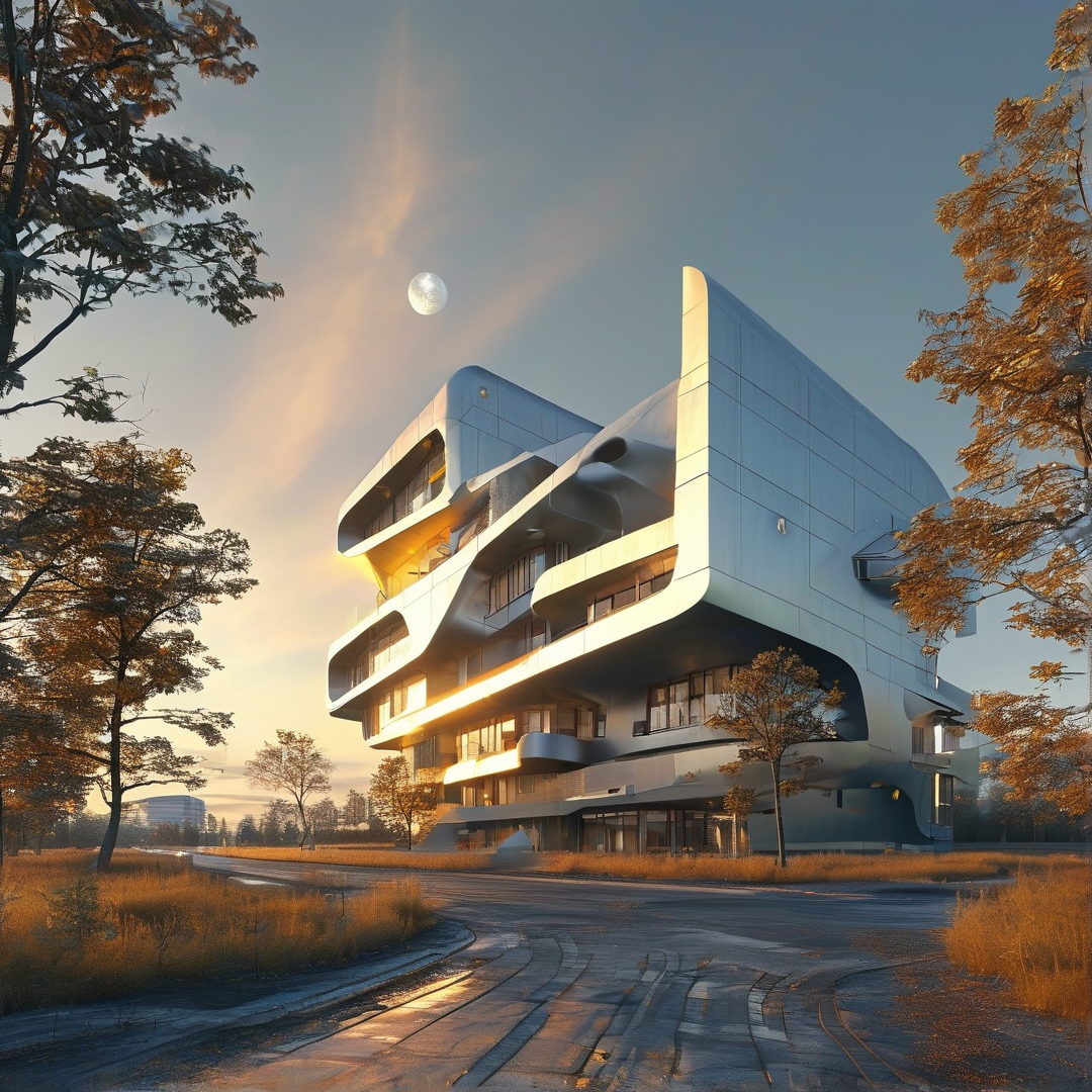 A futuristic white structure with flowing forms rests in a field with trees under a sunset sky with a moon.