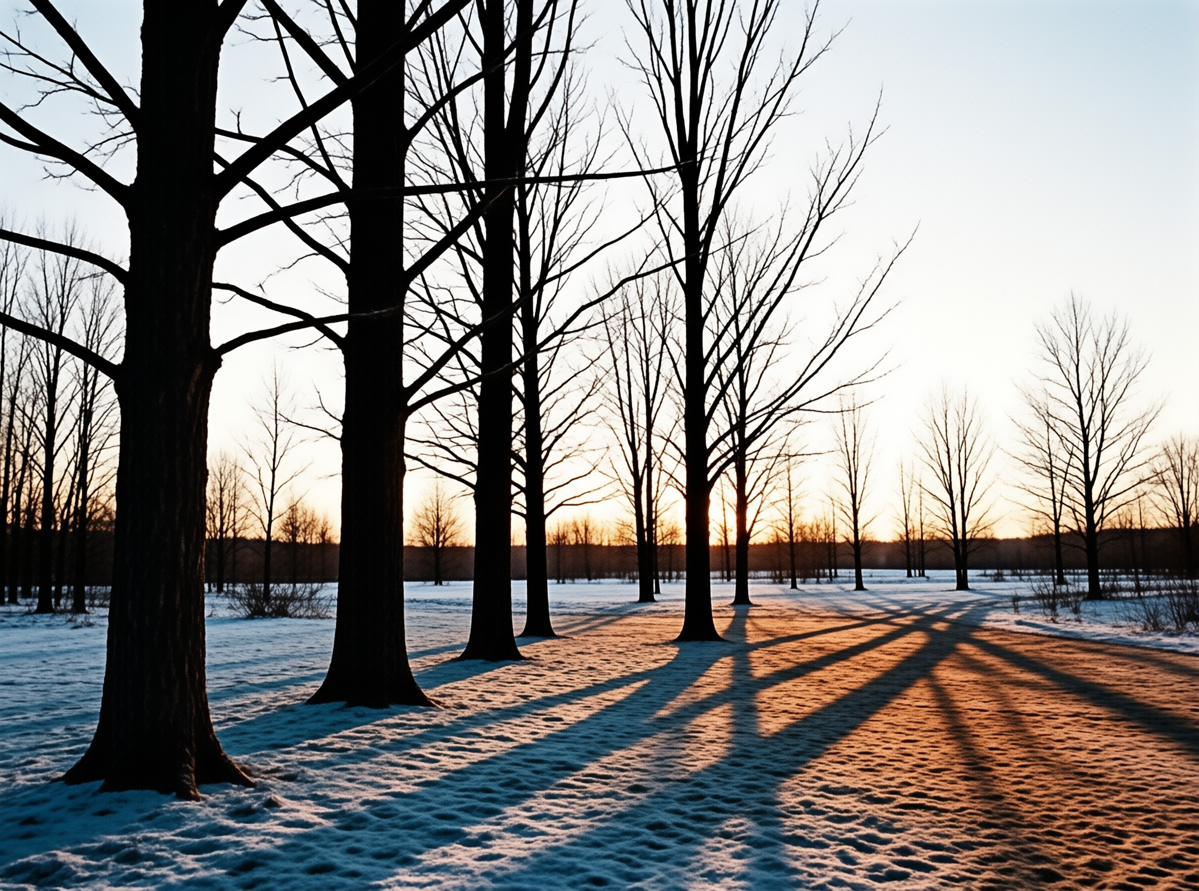 Low winter sun throws long dark tree shadows across a snow blanketed open field lined with bare leafless trunks.