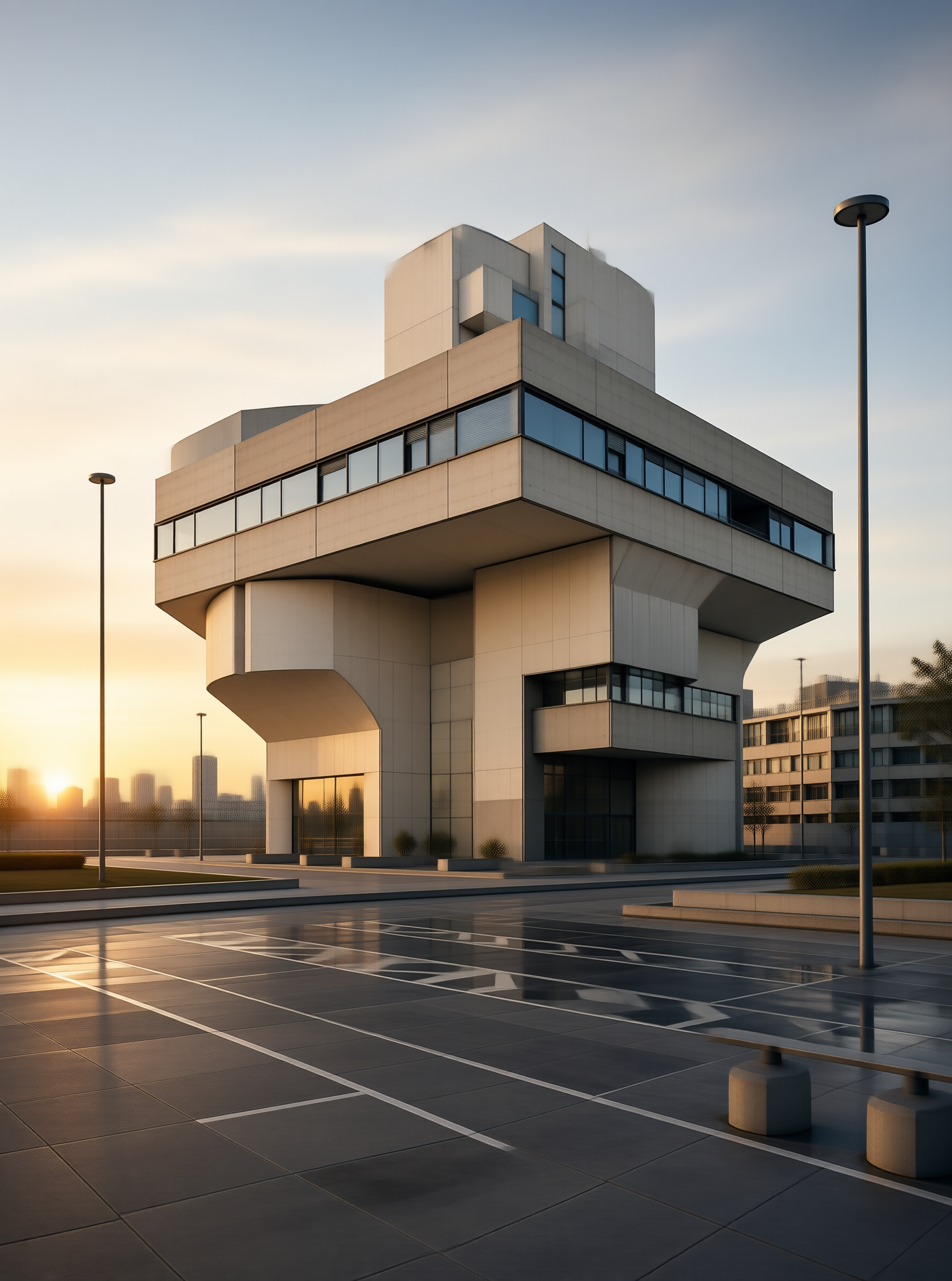 Brutalist Tower in Evening Plaza