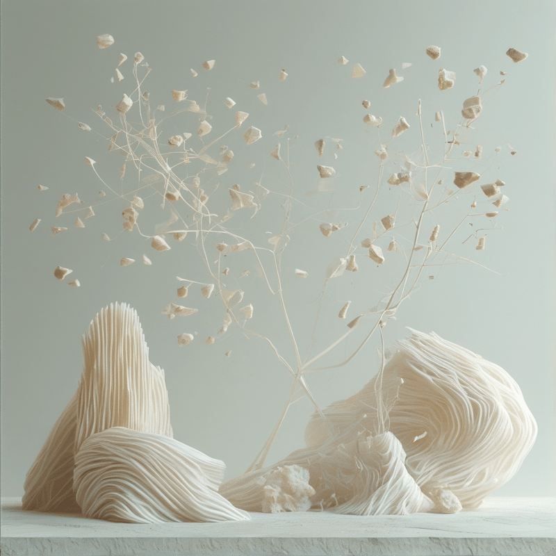 Fragile white plant stems with floating seed pods rise from a soft layered fabric base on a pale neutral background.