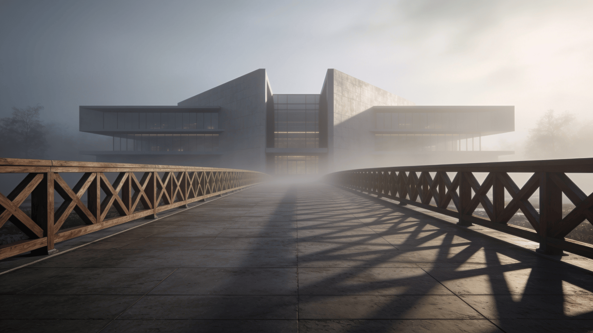 Bridge with Wooden Lattice — Foggy Morning