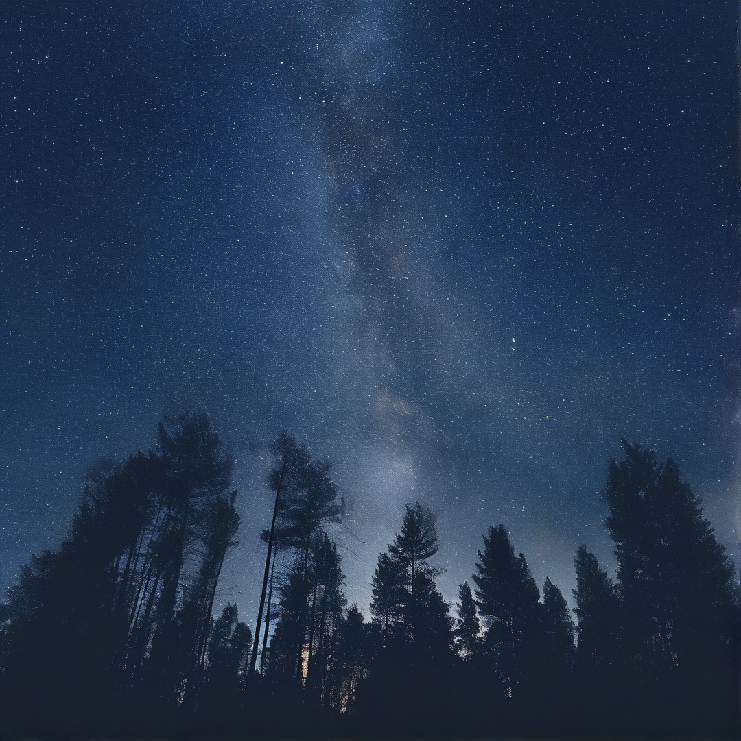 A bright Milky Way arc spans the deep blue night sky above silhouetted pine trees lining the dark horizon.