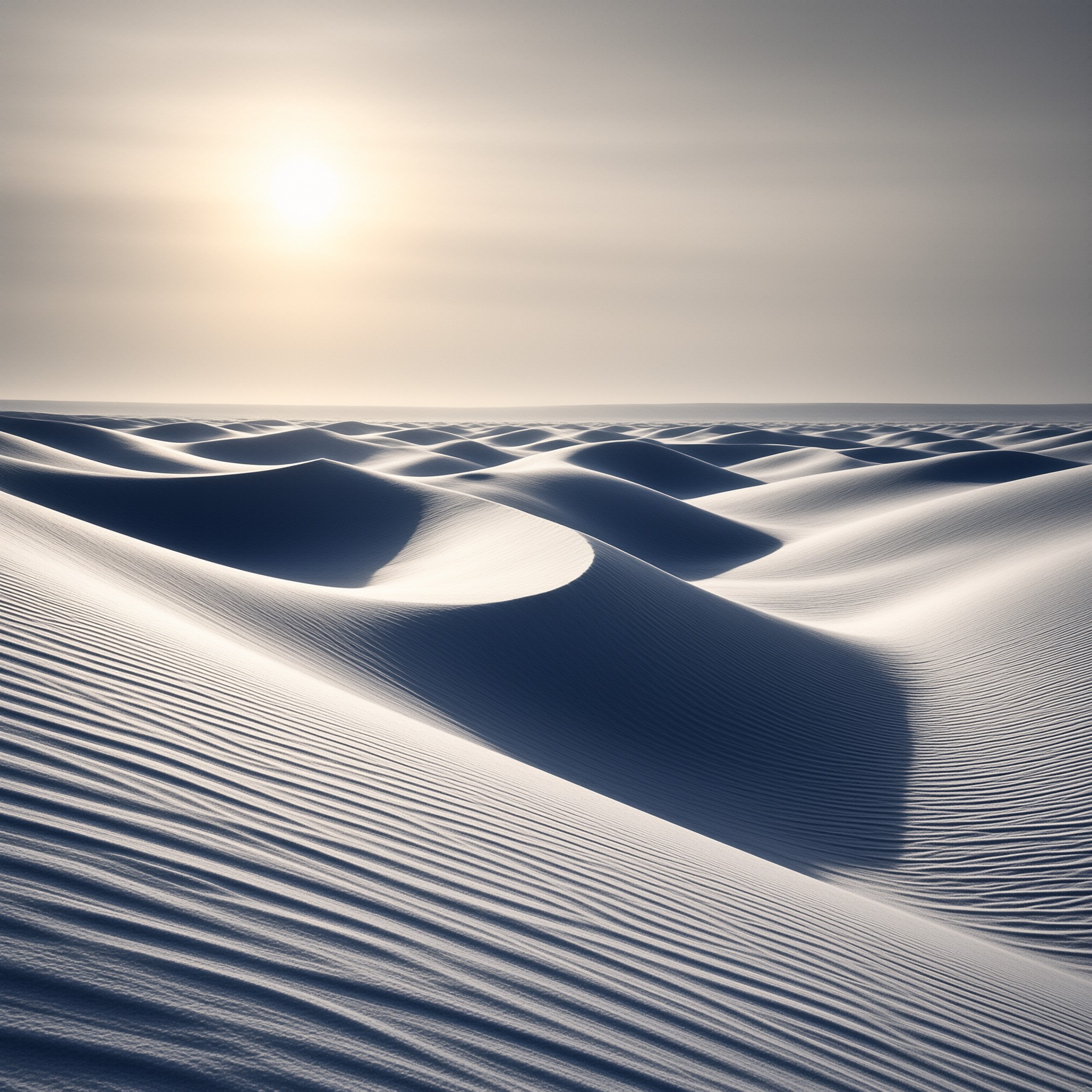 A wide view of rippled desert terrain where the sun casts long shadows across the rolling hills of sand.
