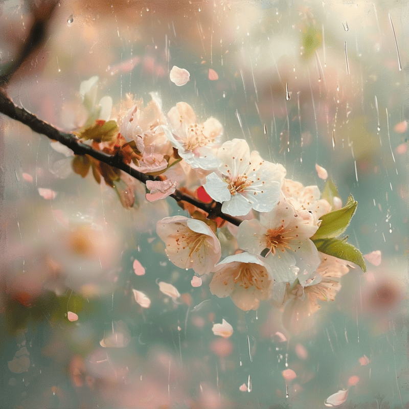 Pale blossoms on a branch are framed by falling rain droplets against a blurred background.