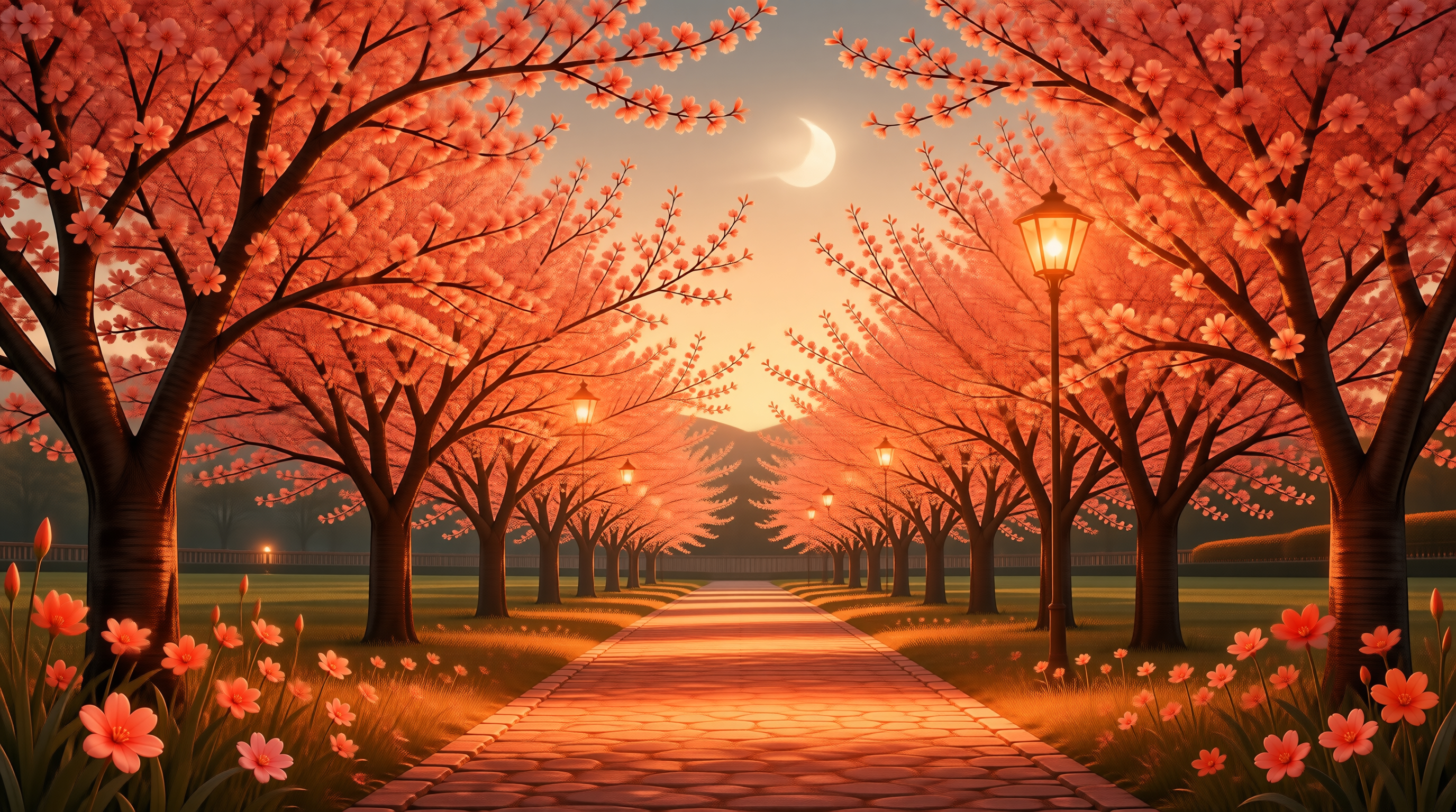 Cherry Blossom Path at Dusk