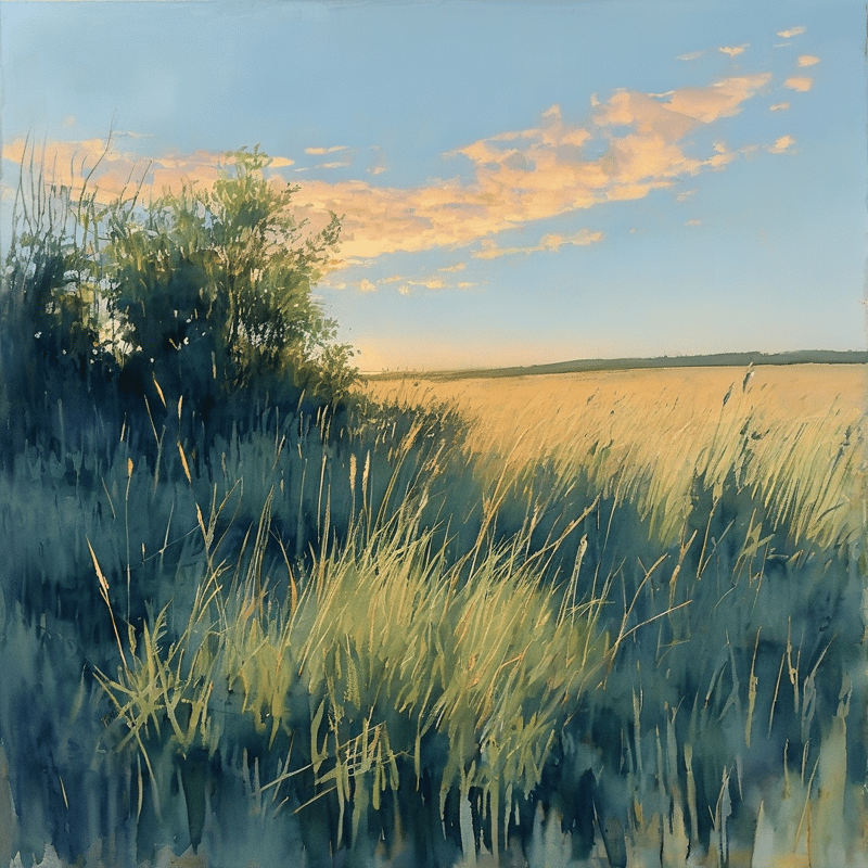A painted landscape showing tall grasses and a dark bush beside a horizon glowing with warm sunset colors.
