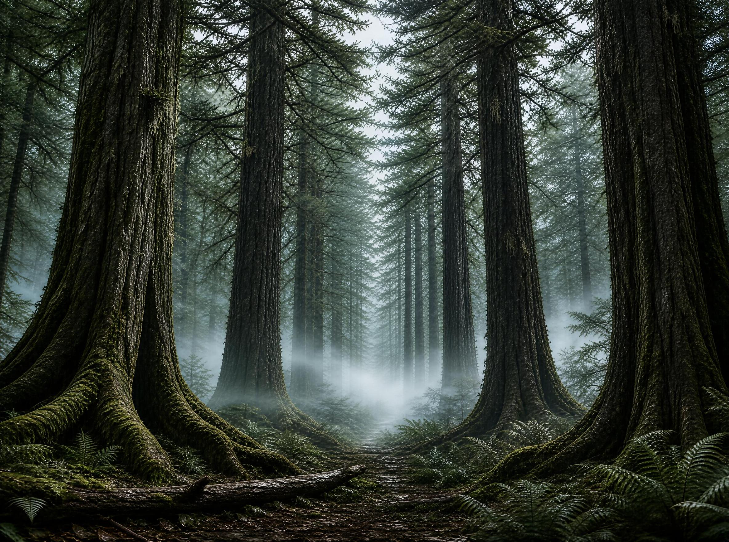 Misty Forest with Giant Trees