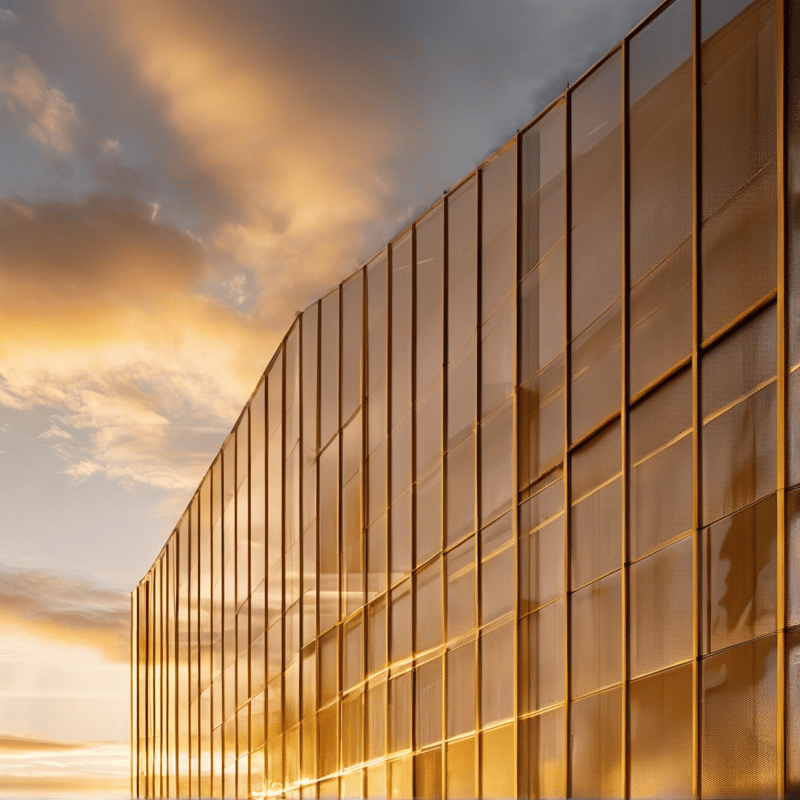 A modern architectural structure with a reflective facade catches the warm amber light of a sunset sky filled with scattered clouds.