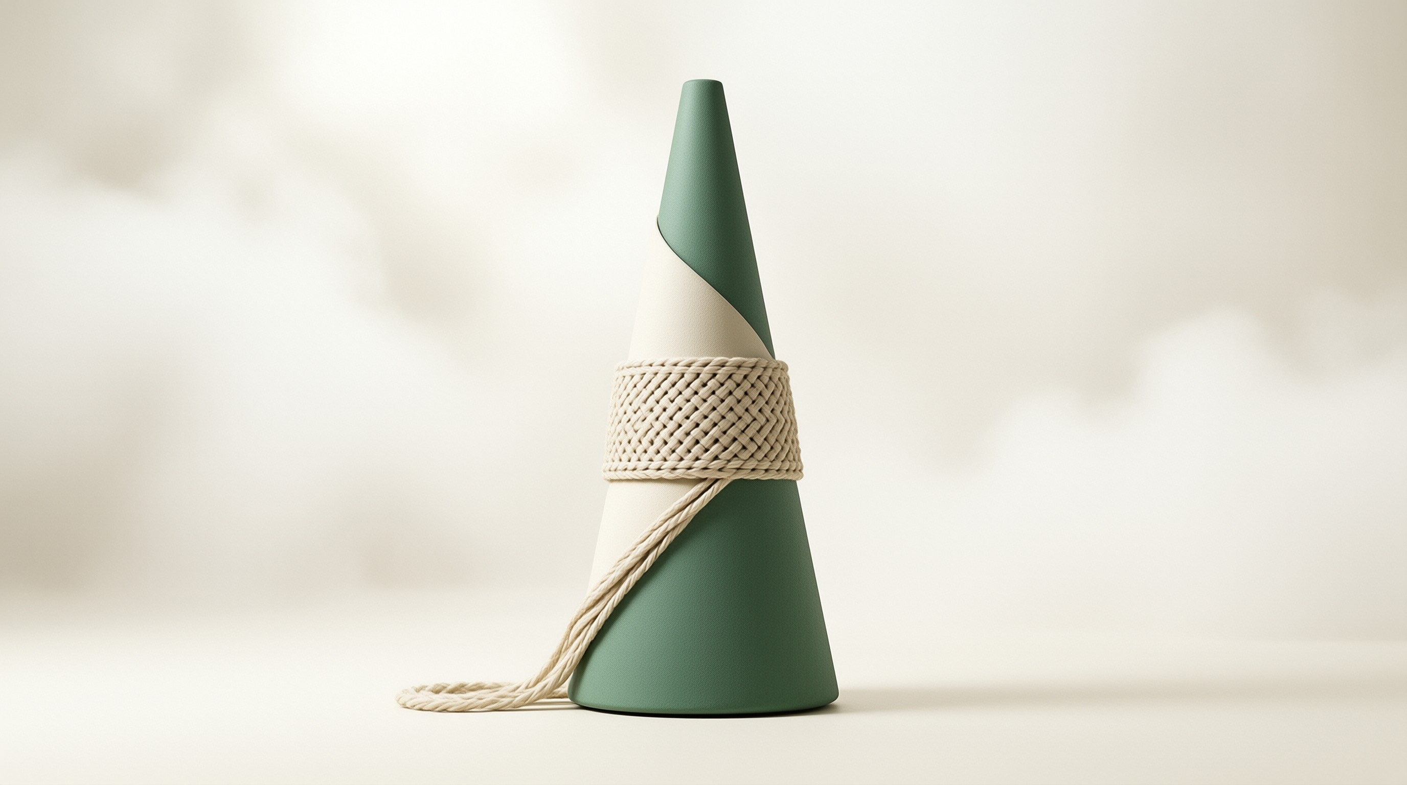 Twisted Green-Beige Cone with Rope