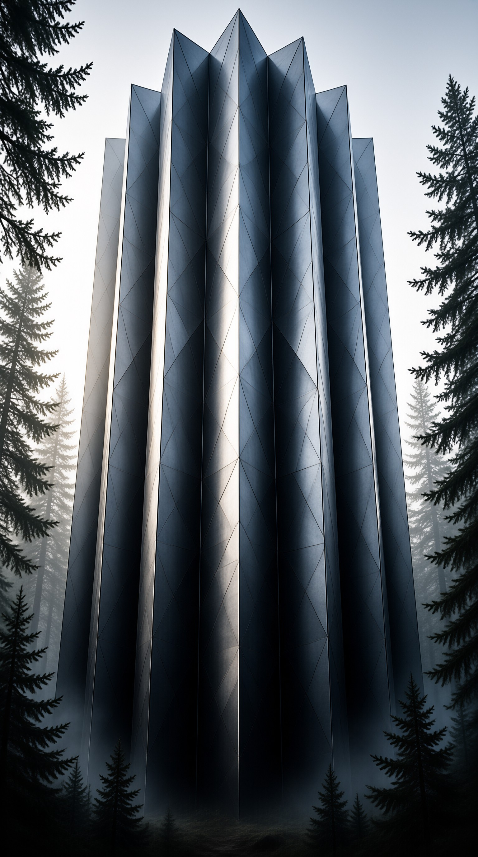 A towering faceted metal monolith climbs through a foggy pine forest, its angular surface catching pale cool daylight.