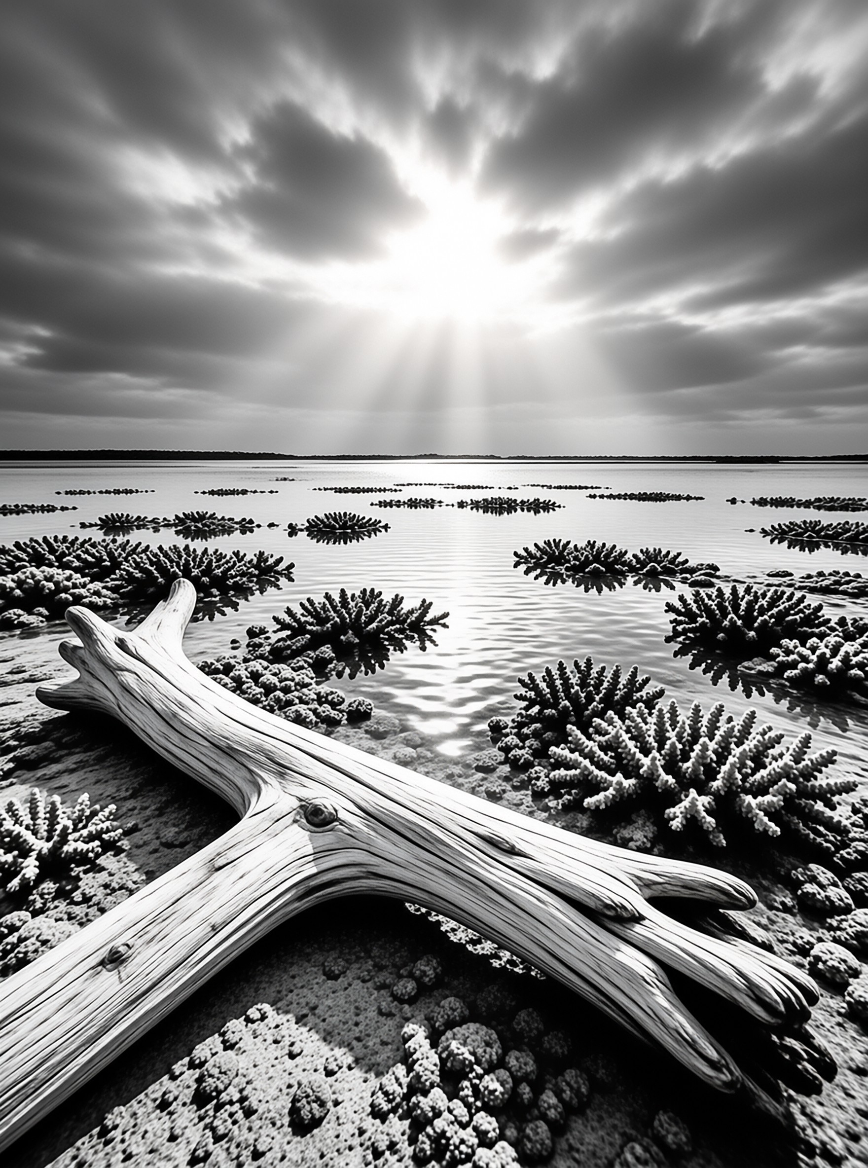 Bleached driftwood lies across a shallow salt flat dotted with low shrubs under a bright sunburst in black and white.