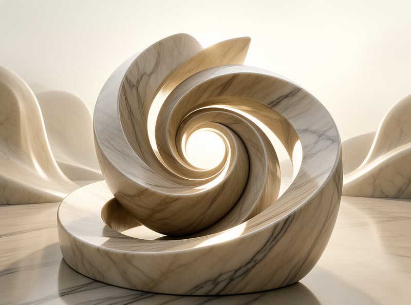 A white marble spiral sculpture sits on a polished stone surface with a warm golden light glowing from its circular core.