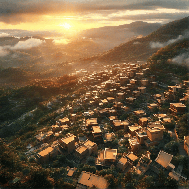 A dense cluster of earth-toned residences cascades down a green mountain slope under warm sunrise rays.